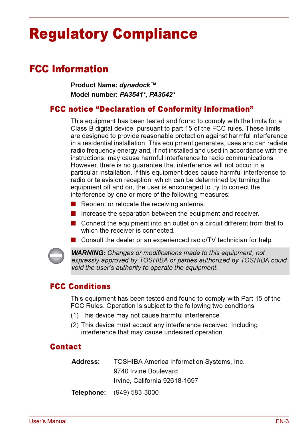 Toshiba EN-2 Regulatory Compliance, FCC Information, FCC notice Declaration of Conformity Information, FCC Conditions 