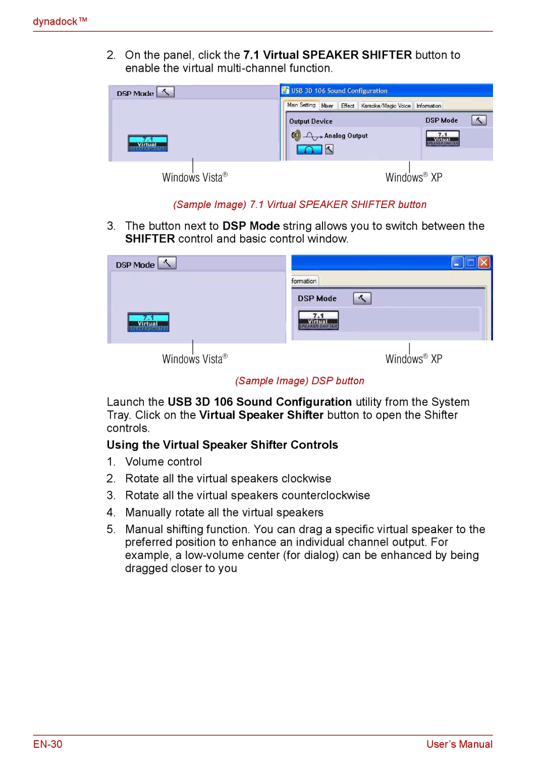 Toshiba EN-2 user manual Using the Virtual Speaker Shifter Controls 