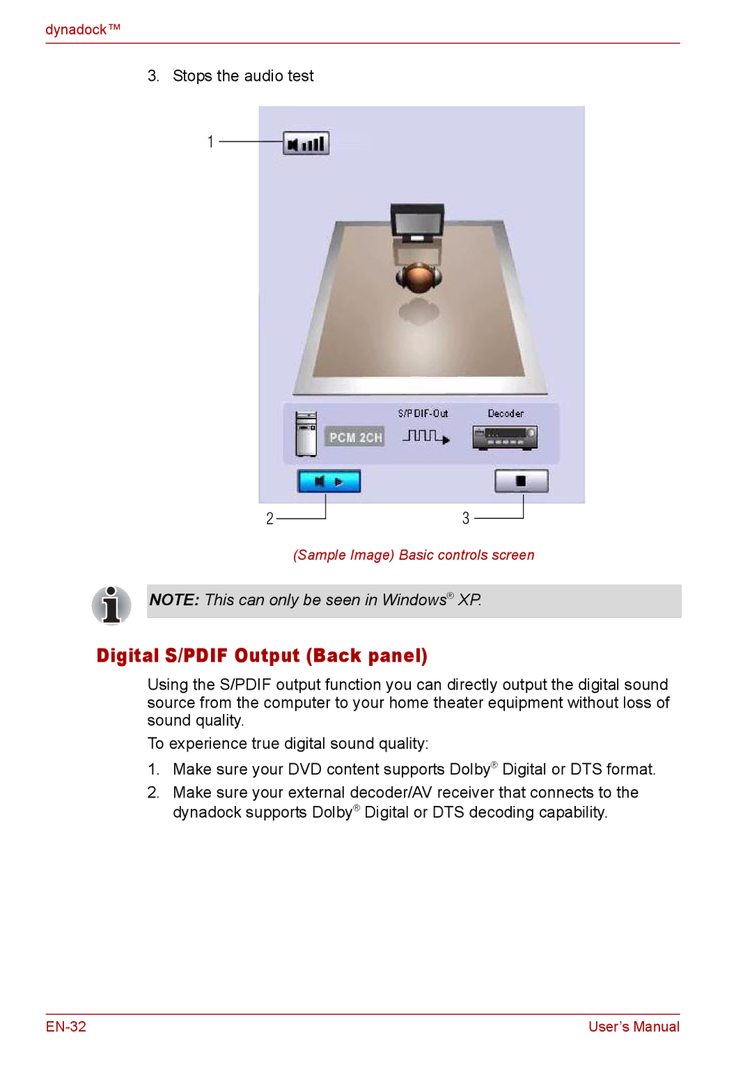 Toshiba EN-2 user manual Digital S/PDIF Output Back panel 