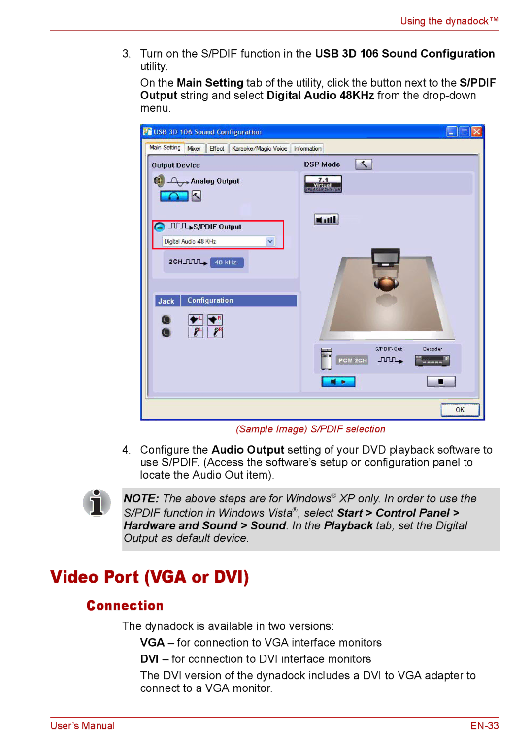 Toshiba EN-2 user manual Video Port VGA or DVI, Connection 