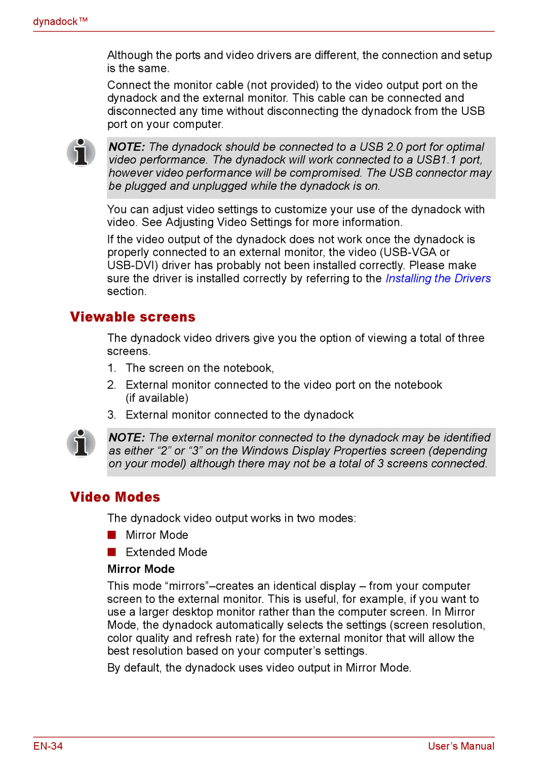 Toshiba EN-2 user manual Viewable screens, Video Modes, Mirror Mode 