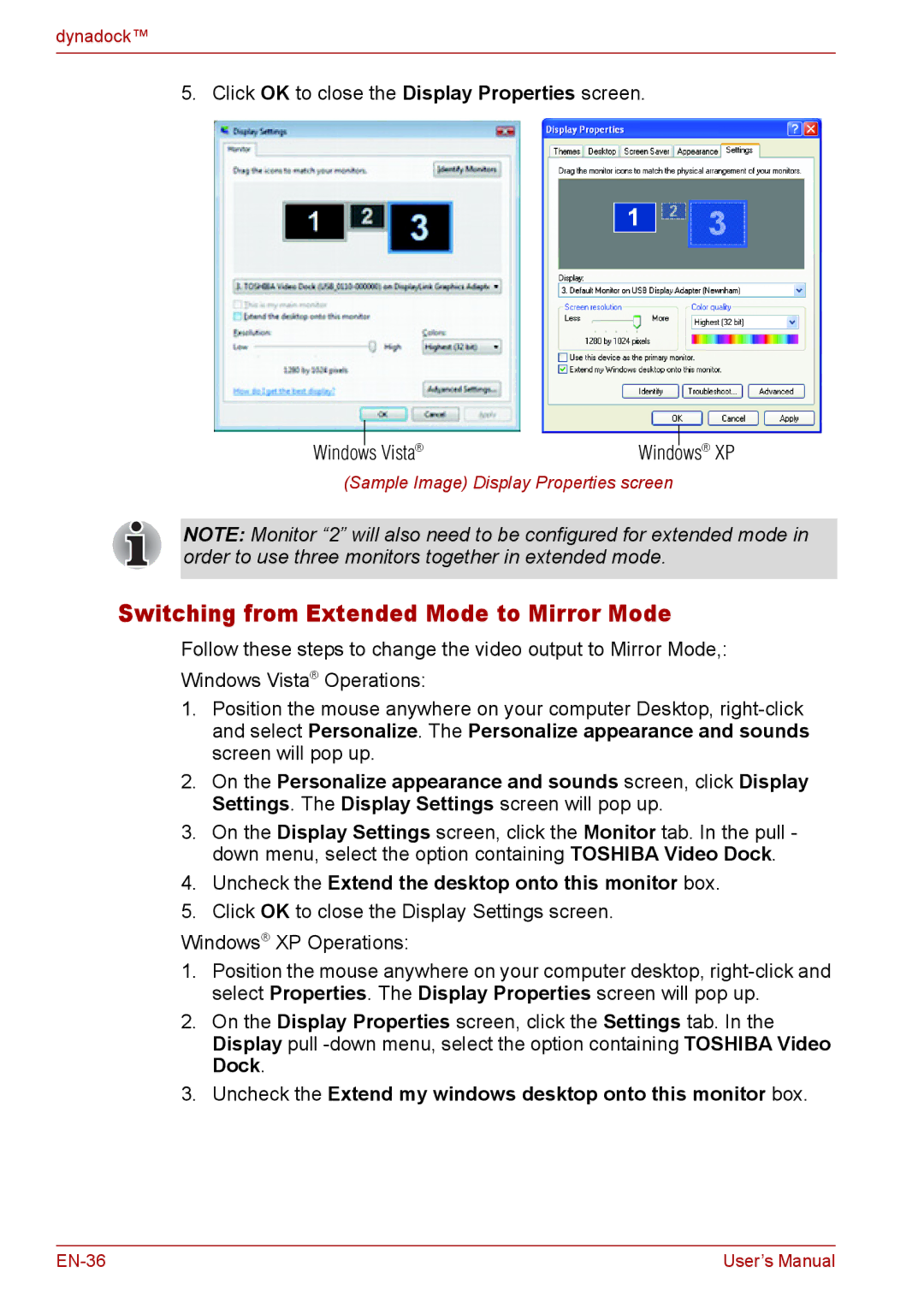 Toshiba EN-2 user manual Switching from Extended Mode to Mirror Mode, Uncheck the Extend the desktop onto this monitor box 