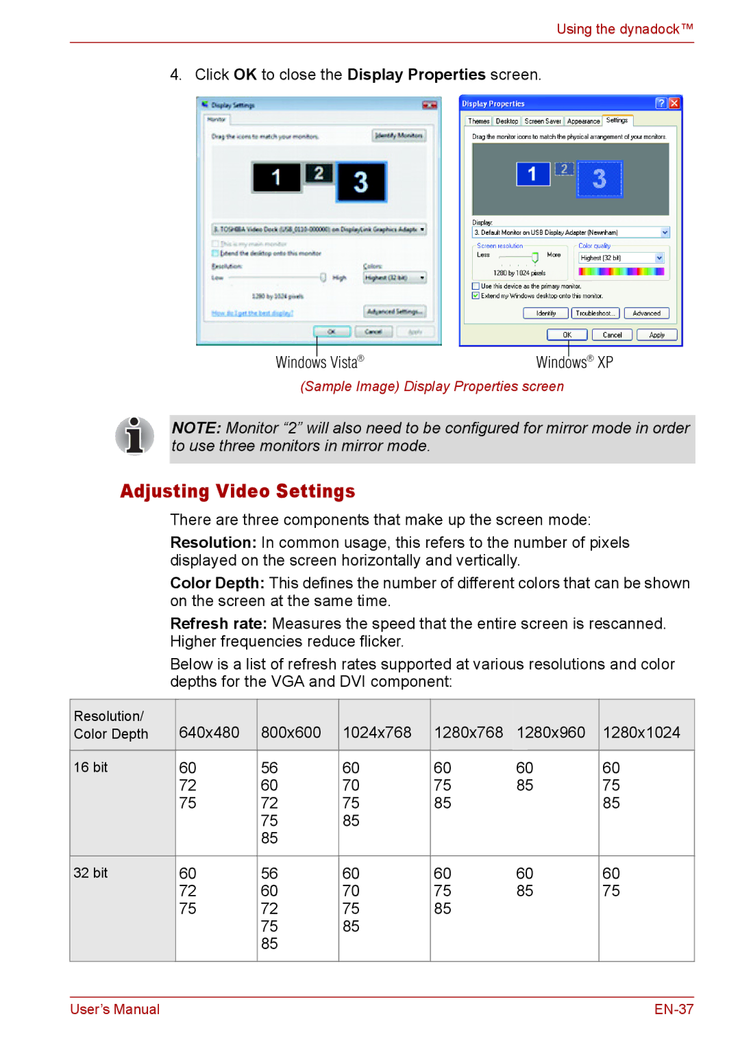 Toshiba EN-2 user manual Adjusting Video Settings 