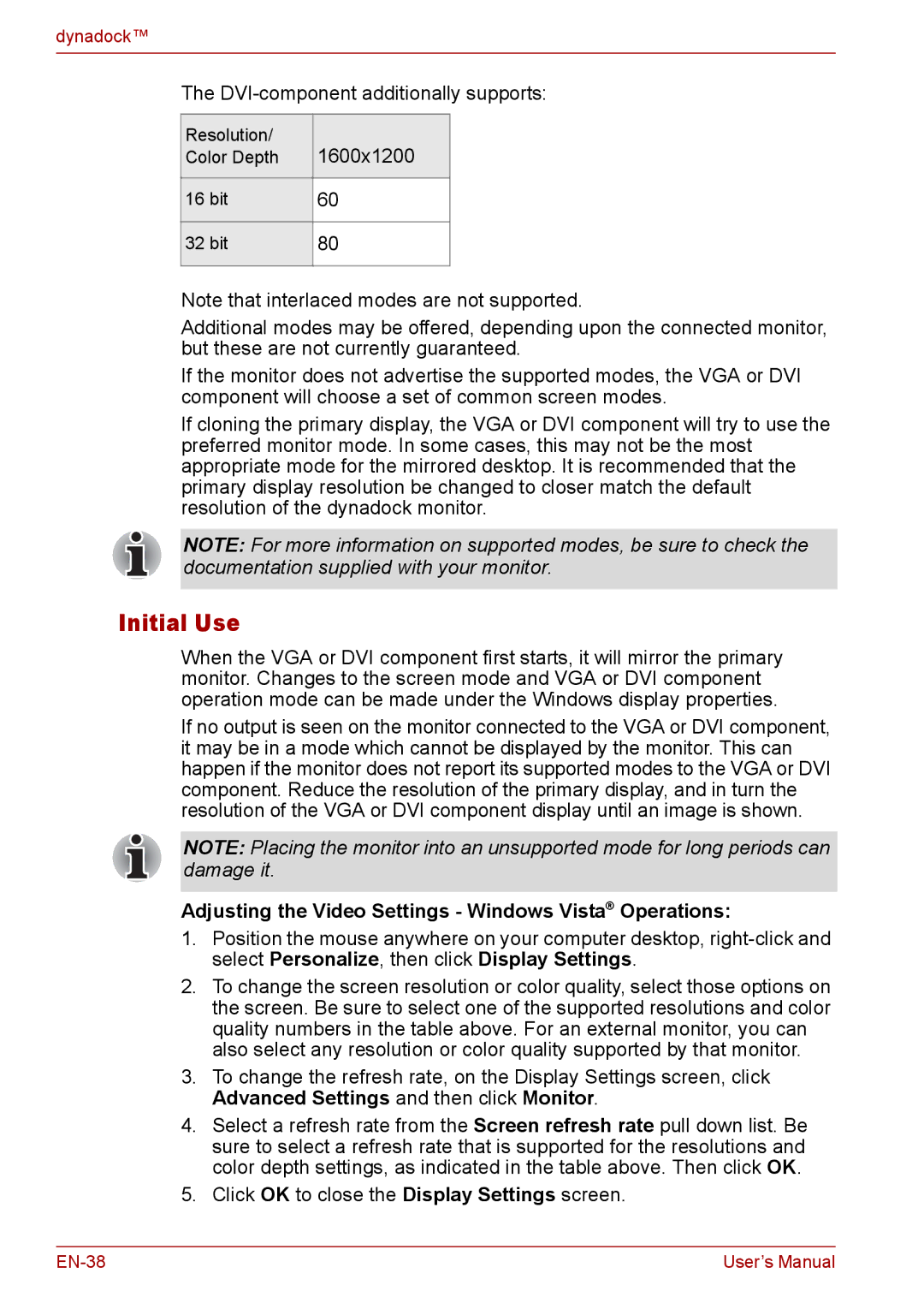 Toshiba EN-2 user manual Initial Use, Adjusting the Video Settings Windows Vista Operations 