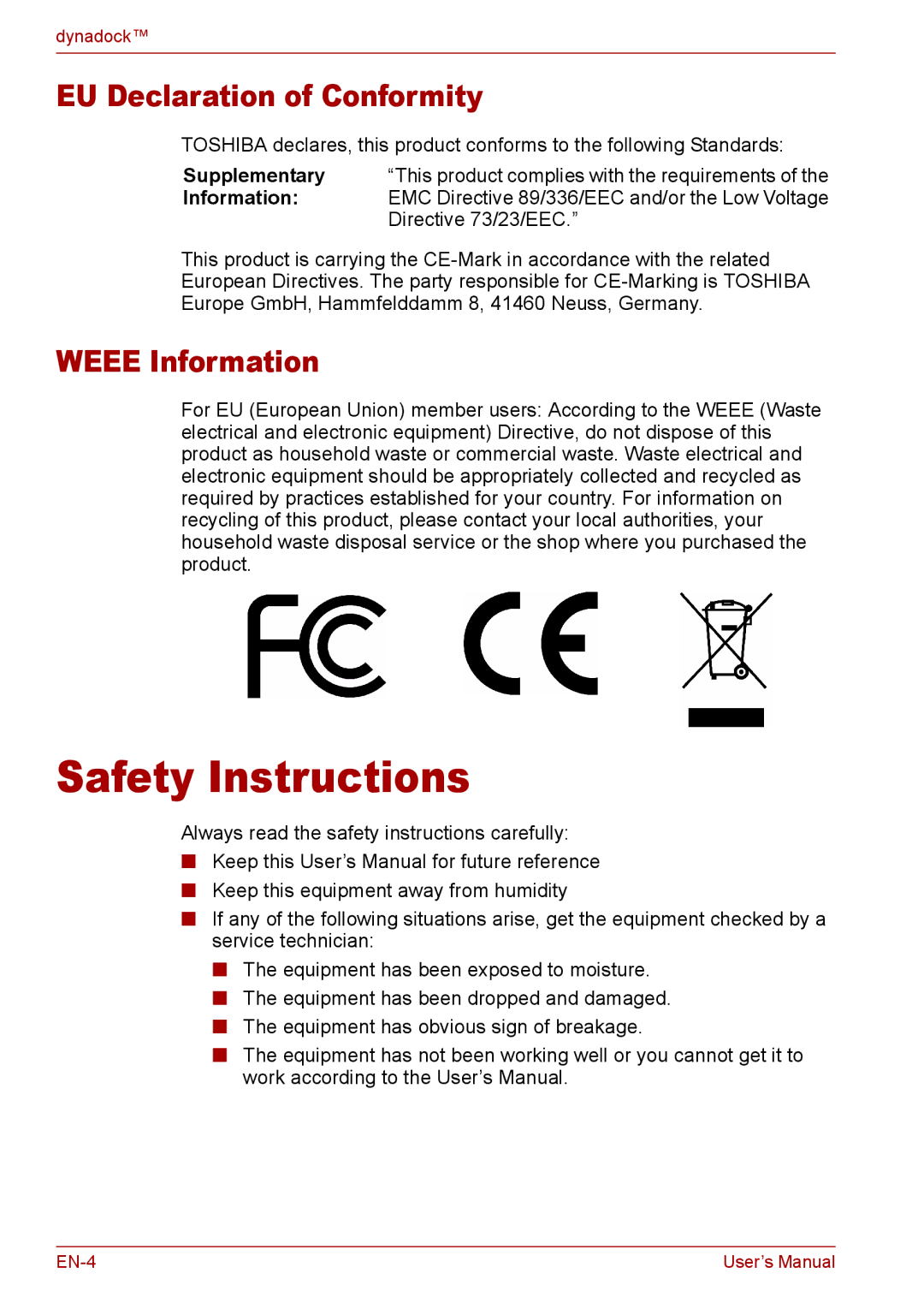 Toshiba EN-2 user manual Safety Instructions, EU Declaration of Conformity, Weee Information 