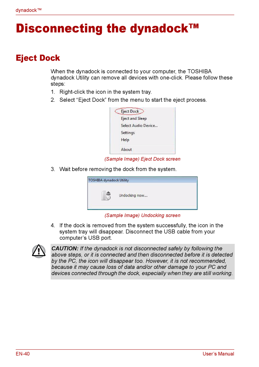 Toshiba EN-2 user manual Disconnecting the dynadock, Eject Dock 