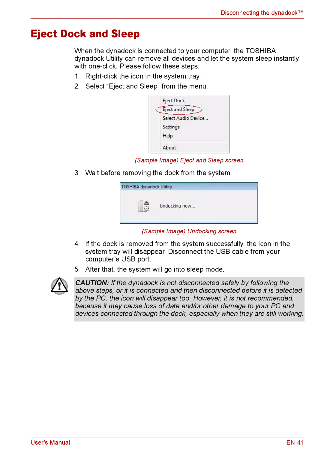 Toshiba EN-2 user manual Eject Dock and Sleep 