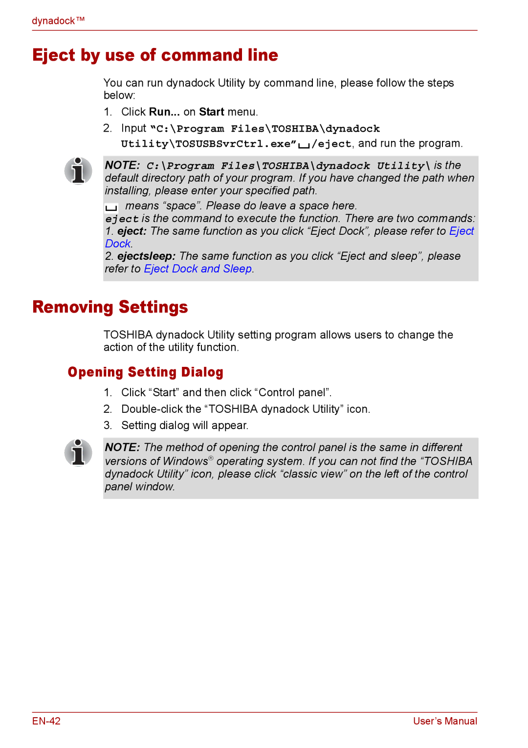 Toshiba EN-2 user manual Eject by use of command line, Removing Settings, Opening Setting Dialog 