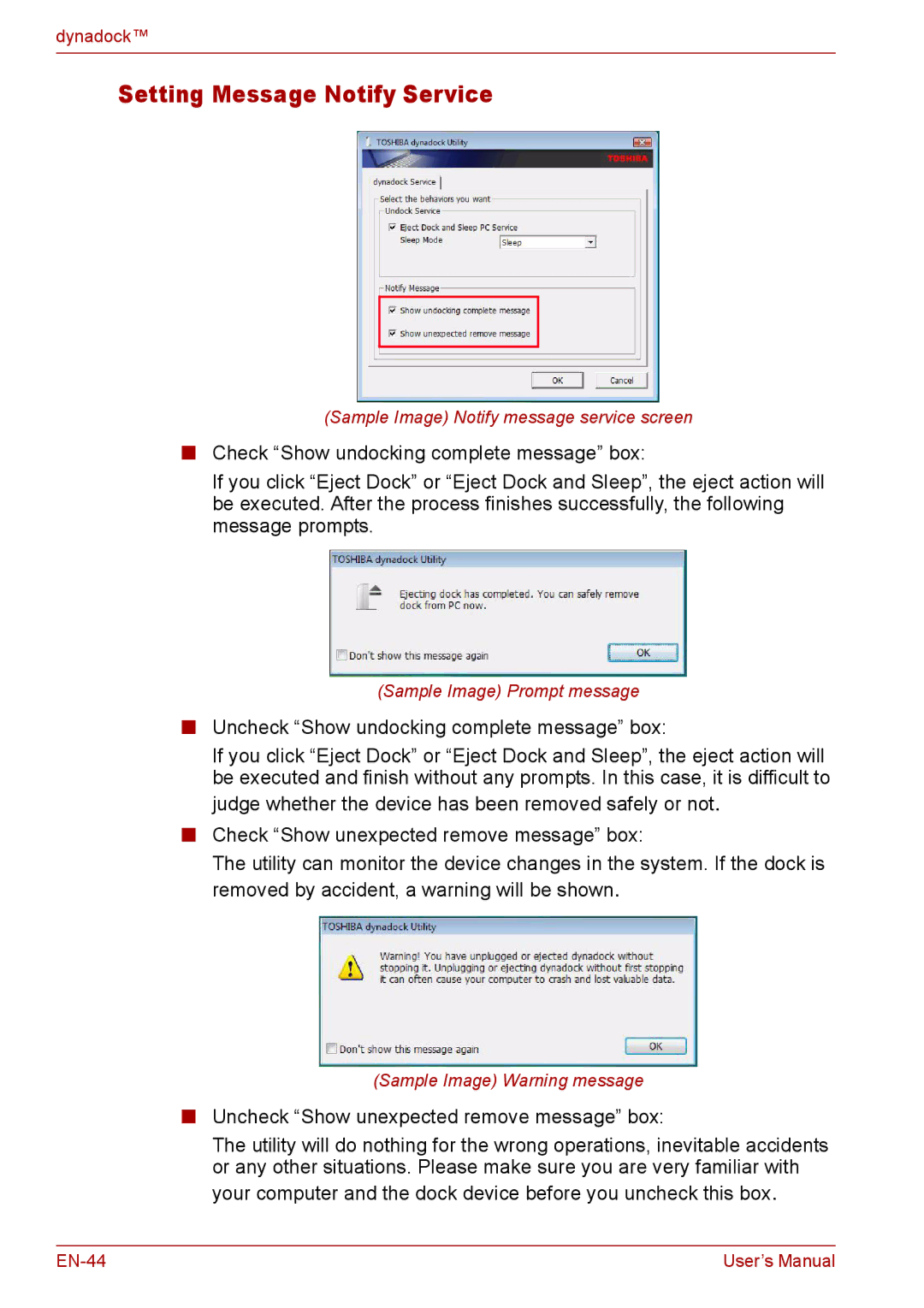 Toshiba EN-2 user manual Setting Message Notify Service, Uncheck Show unexpected remove message box 