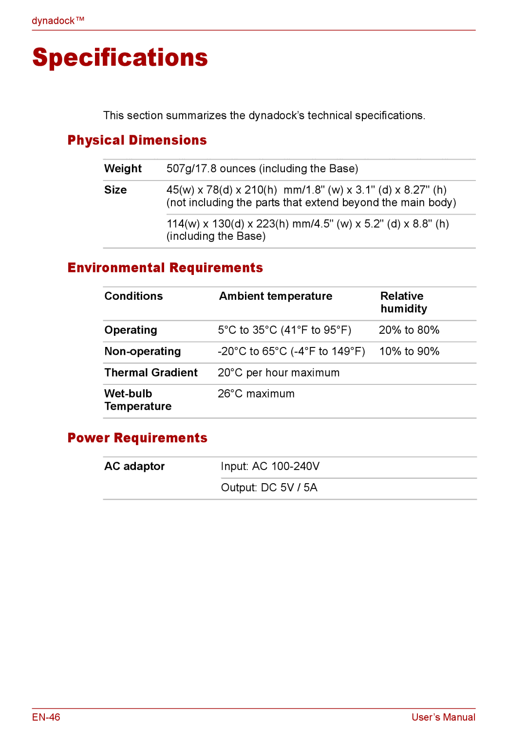 Toshiba EN-2 user manual Specifications, Physical Dimensions, Environmental Requirements 