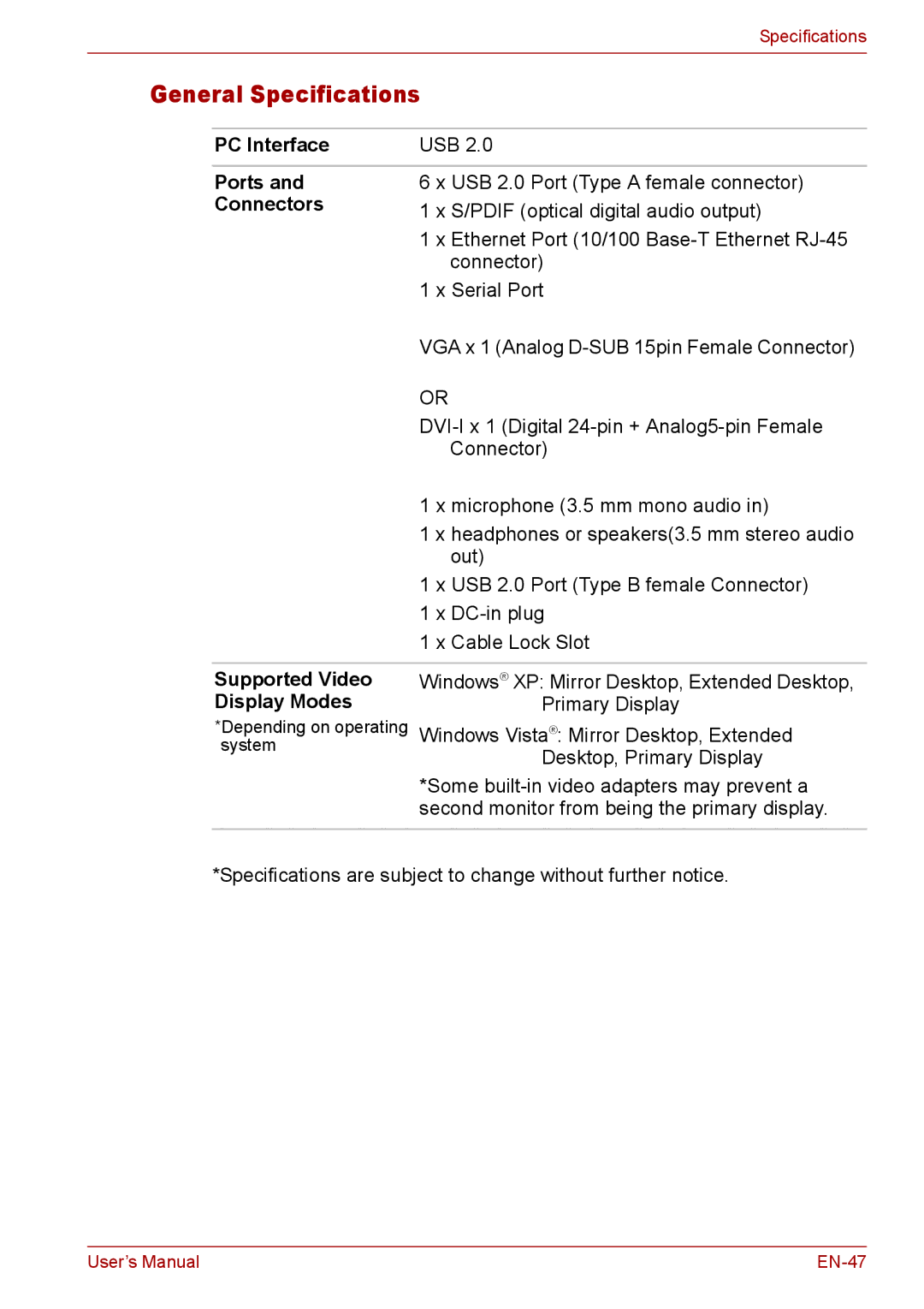 Toshiba EN-2 user manual General Specifications 