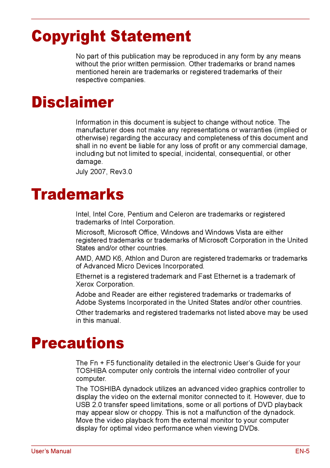 Toshiba EN-2 user manual Copyright Statement, Disclaimer, Trademarks, Precautions 