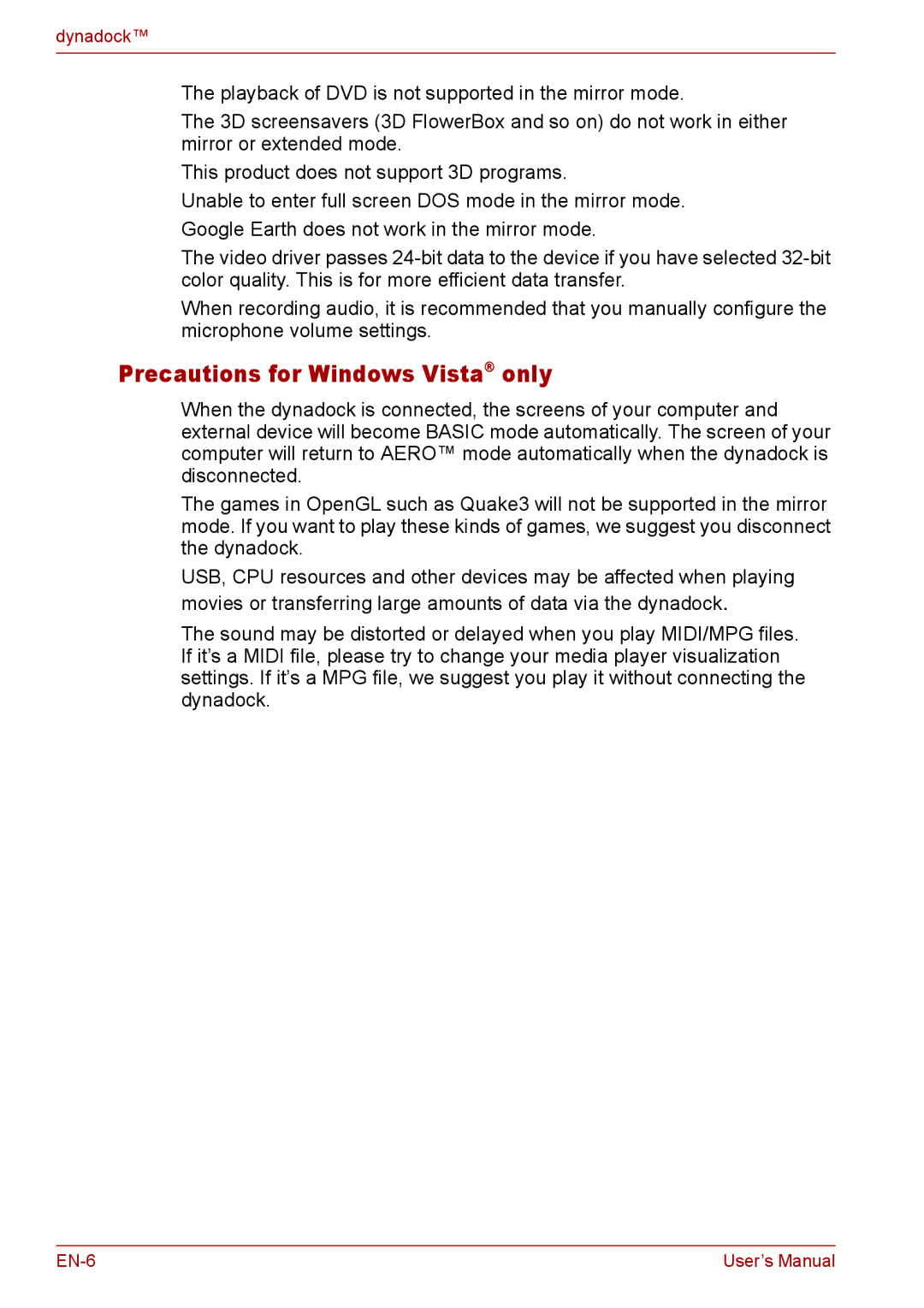 Toshiba EN-2 user manual Precautions for Windows Vista only 