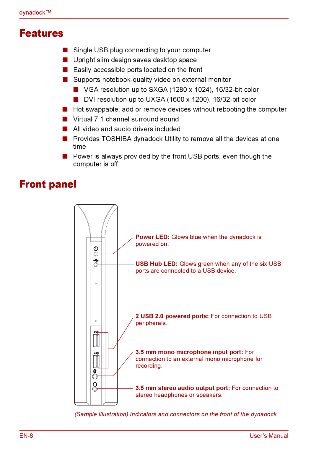 Toshiba EN-2 user manual Features, Front panel 