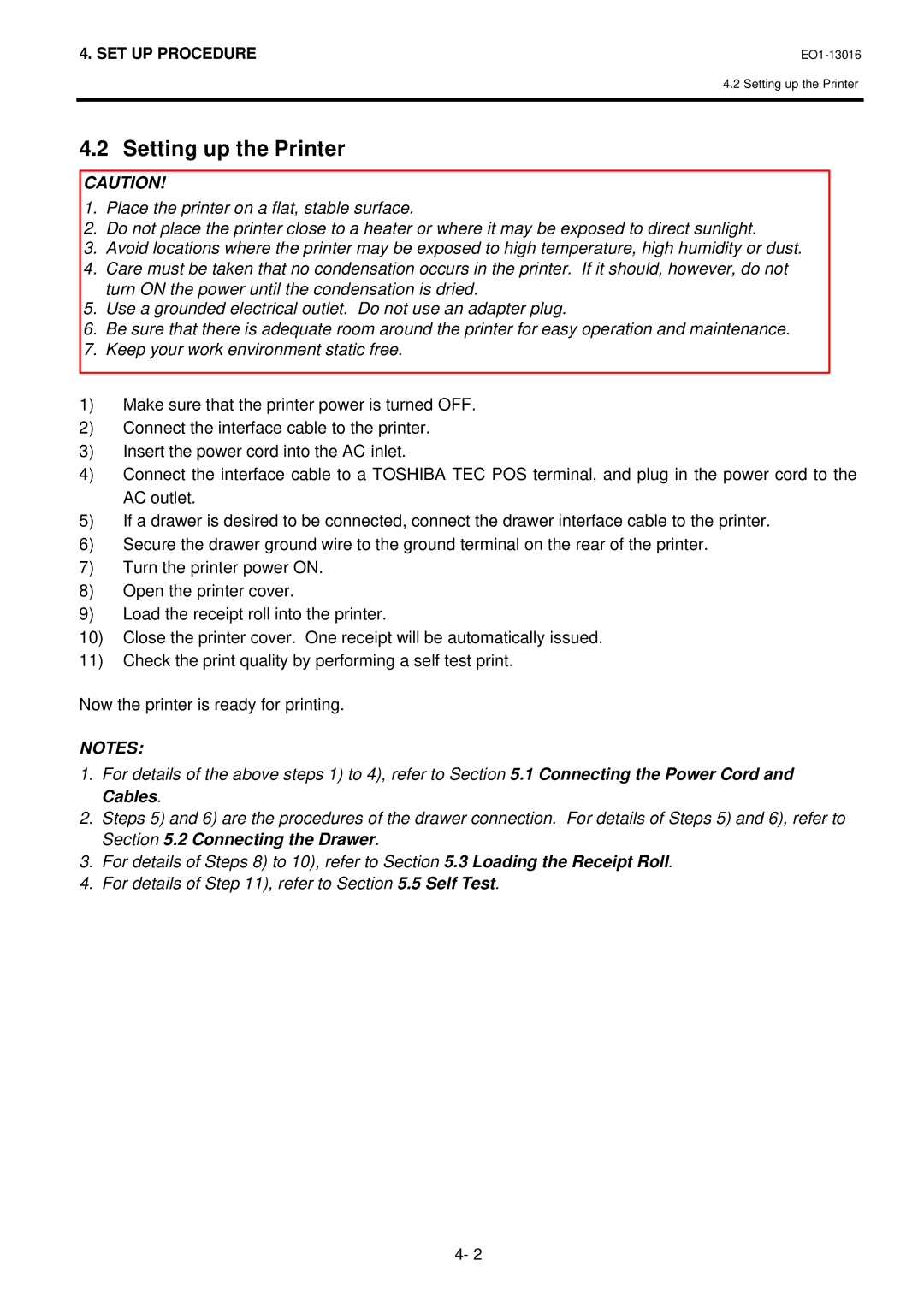 Toshiba EO1-13016, TRST-56 SERIES owner manual Setting up the Printer 