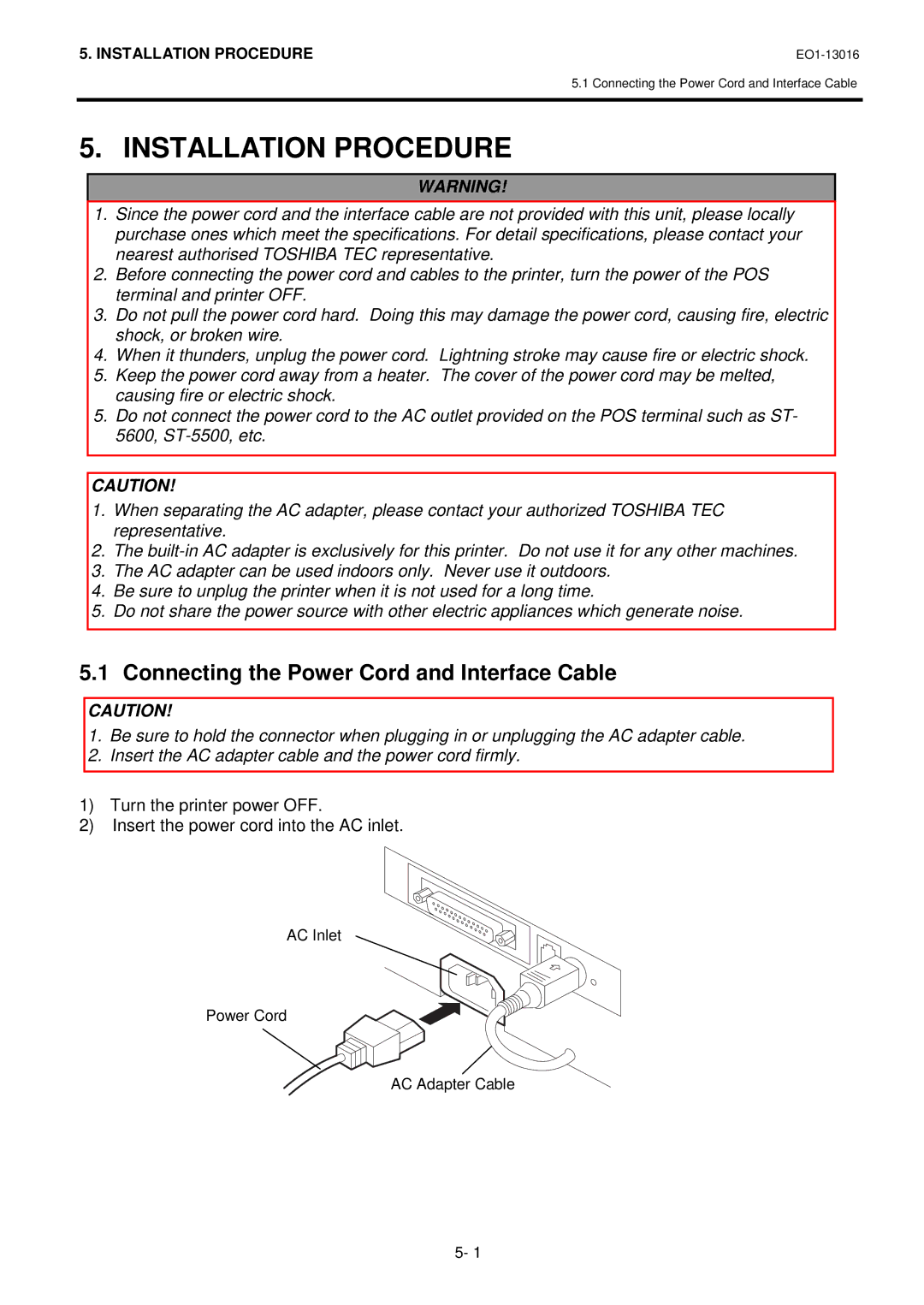 Toshiba TRST-56 SERIES, EO1-13016 owner manual Installation Procedure, Connecting the Power Cord and Interface Cable 