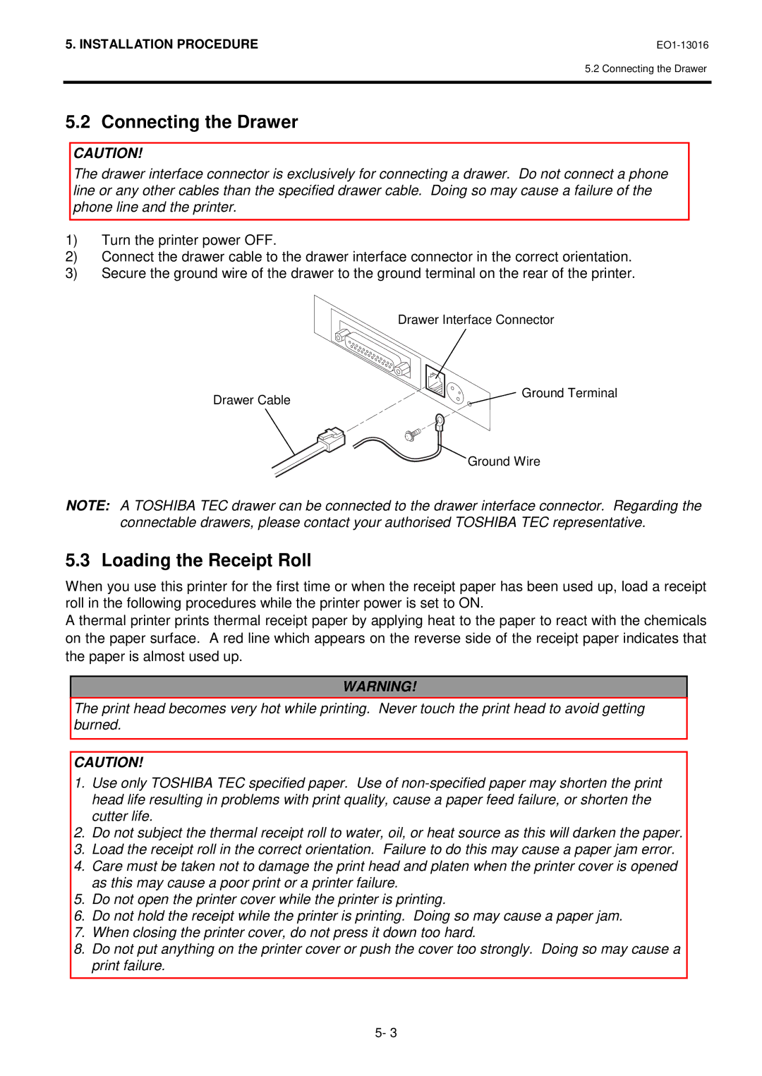 Toshiba TRST-56 SERIES, EO1-13016 owner manual Connecting the Drawer, Loading the Receipt Roll 