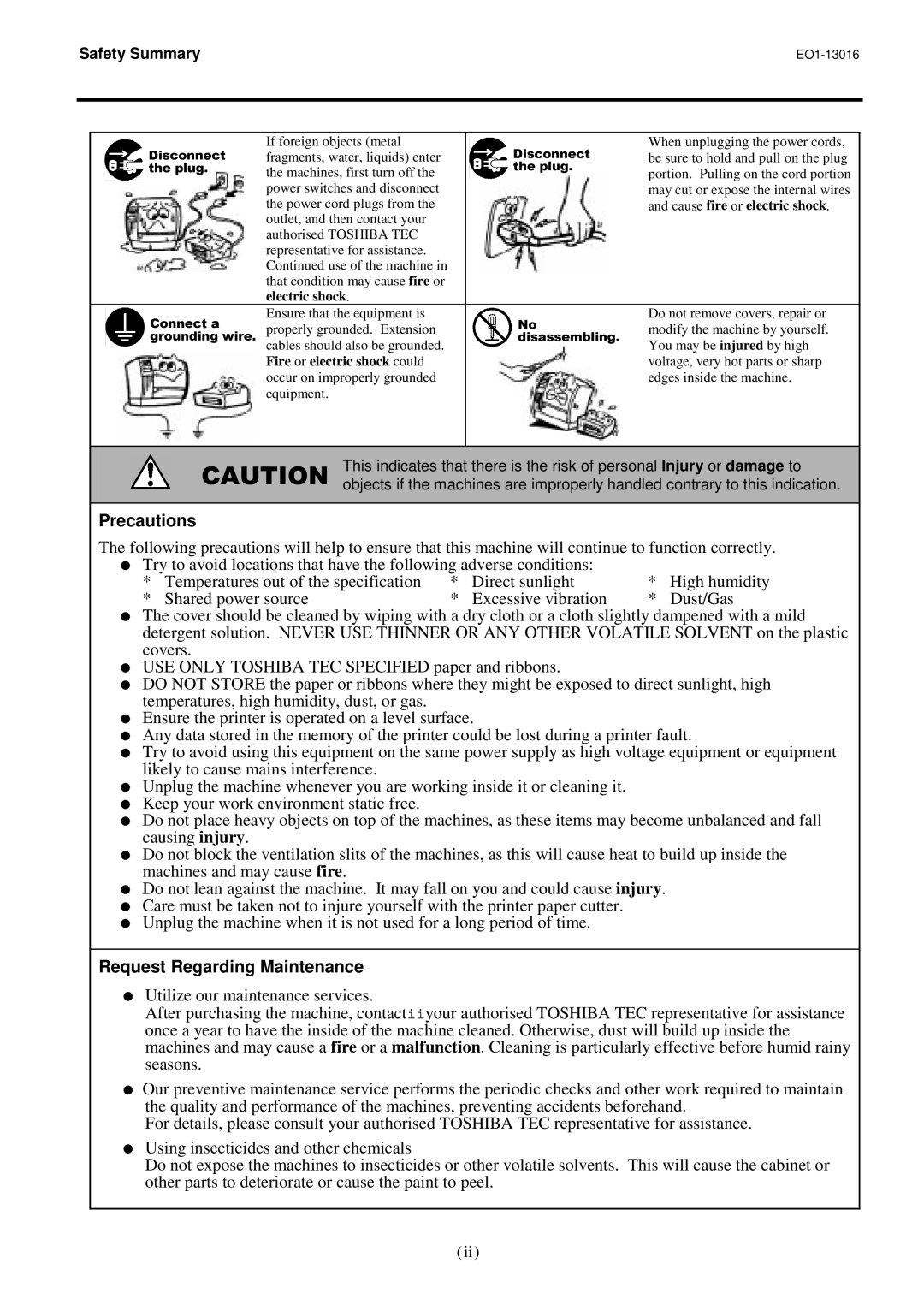 Toshiba TRST-56 SERIES, EO1-13016 owner manual Precautions, Request Regarding Maintenance 