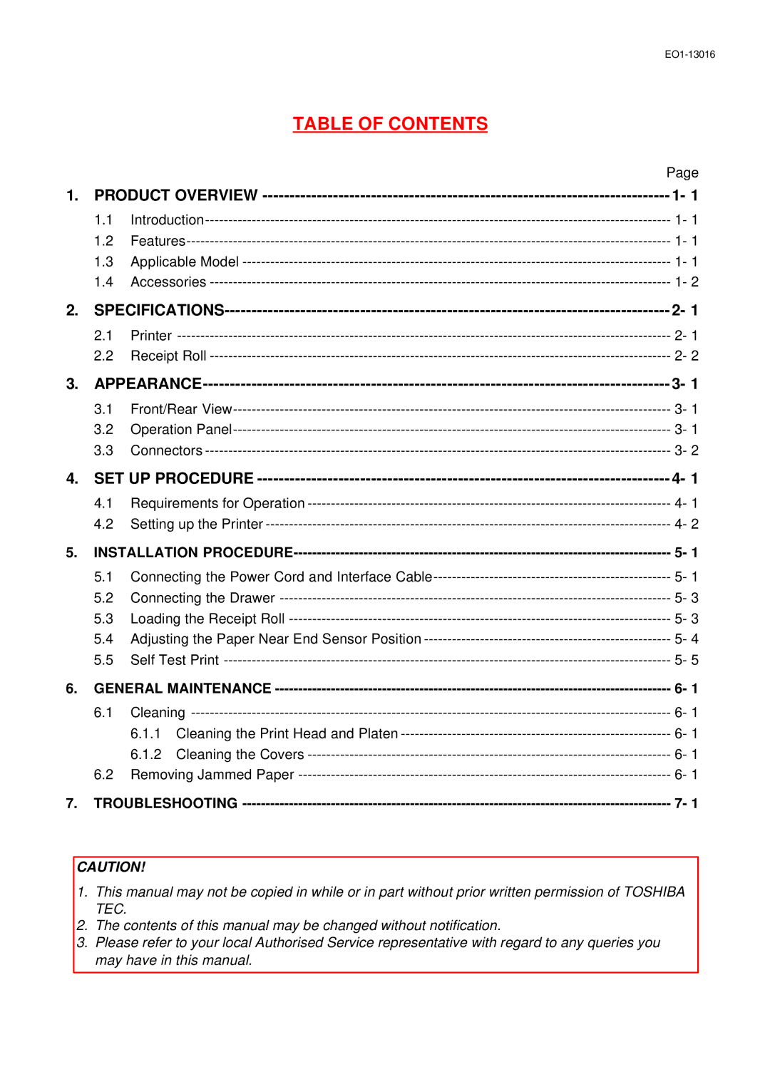 Toshiba EO1-13016, TRST-56 SERIES owner manual Table of Contents 