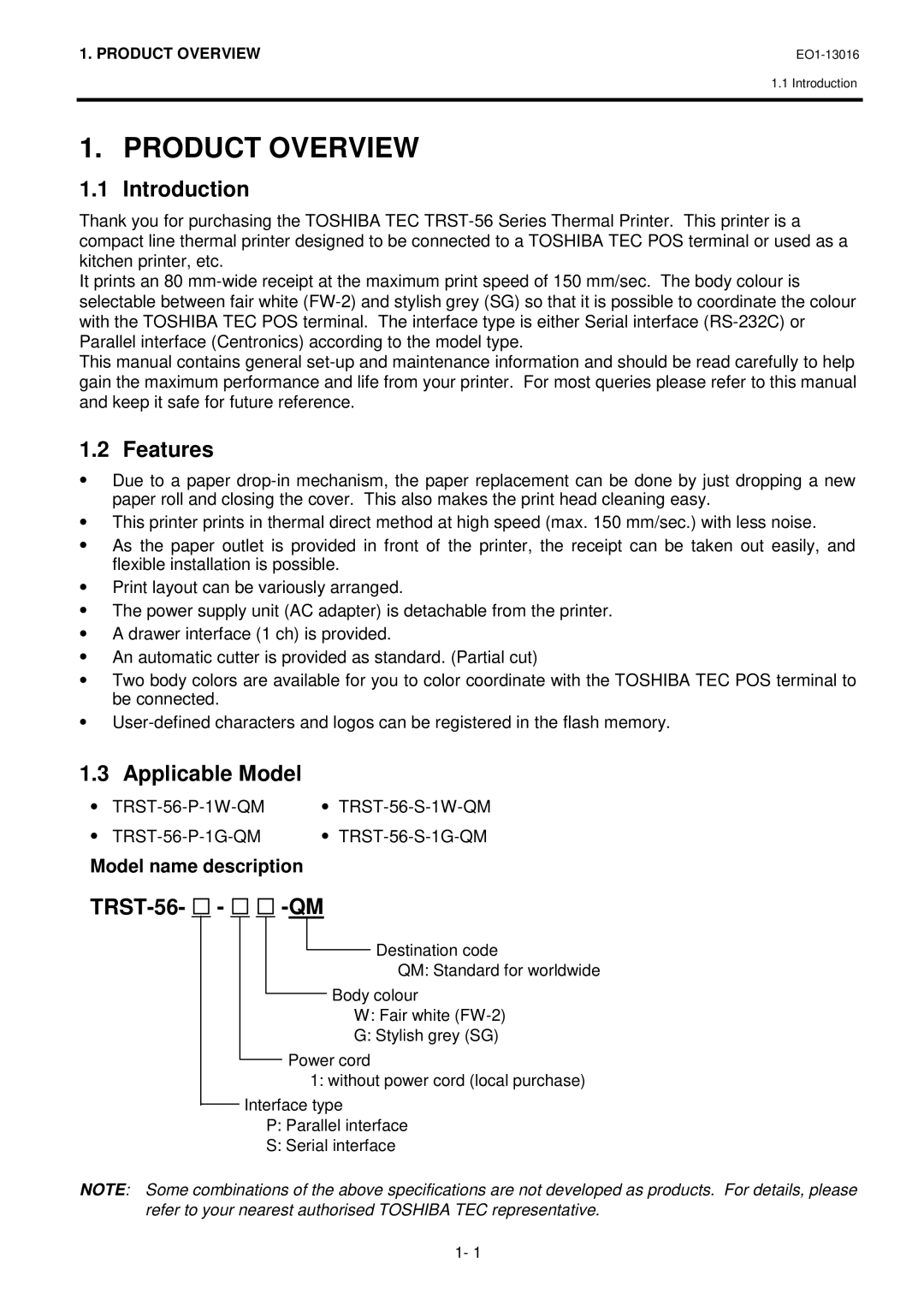 Toshiba TRST-56 SERIES, EO1-13016 Product Overview, Introduction, Features, Applicable Model, TRST-56- … … … -QM 