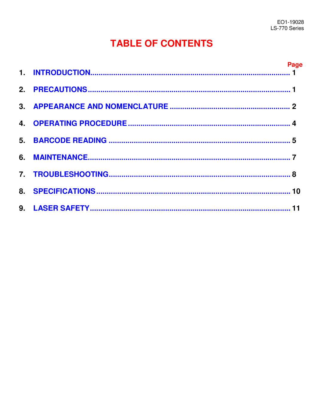 Toshiba EO1-19028B, LS-770 SERIES manual Table of Contents 