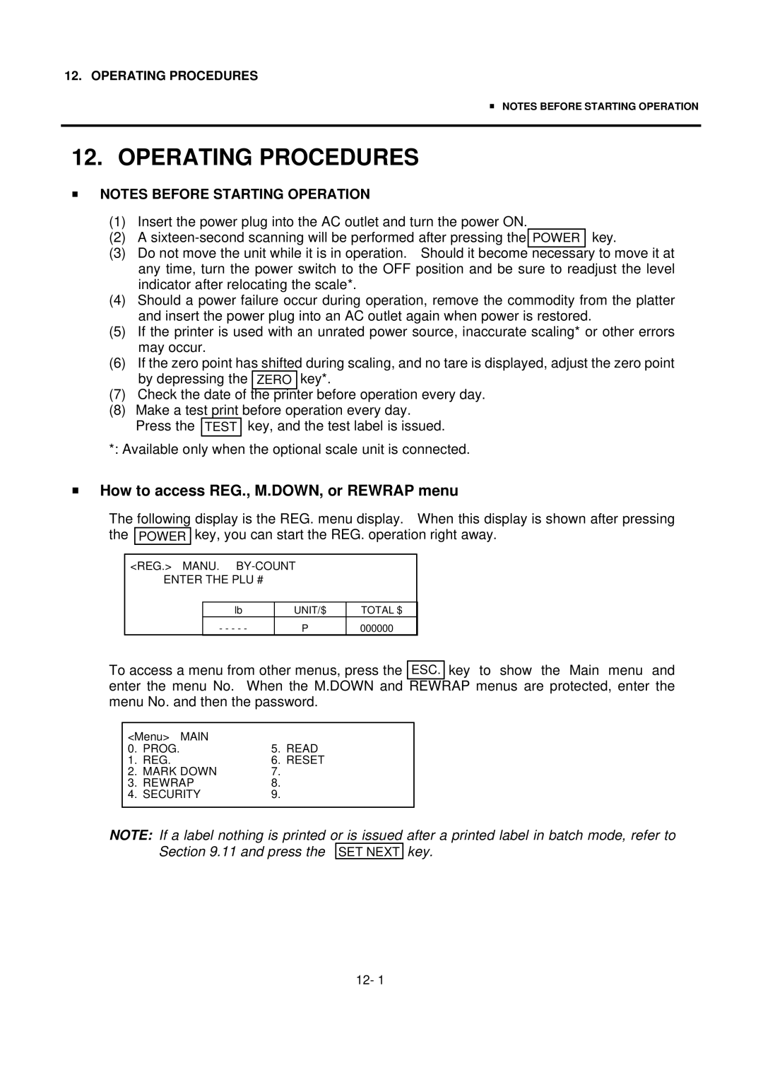 Toshiba H-9000N-US, EO1-32004BE owner manual Operating Procedures, How to access REG., M.DOWN, or Rewrap menu 