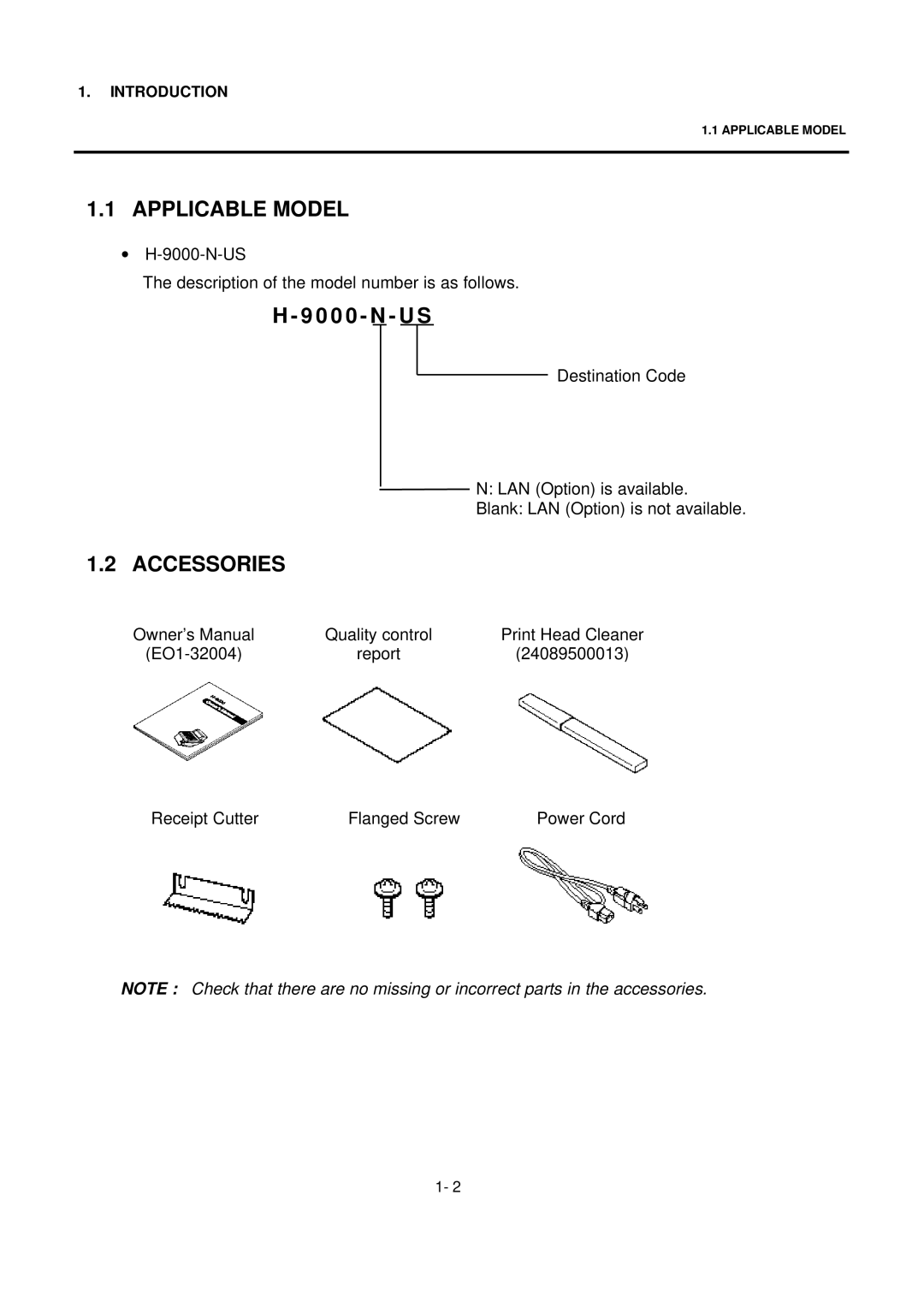 Toshiba H-9000N-US, EO1-32004 Applicable Model, Accessories, ∙ H-9000-N-US Description of the model number is as follows 