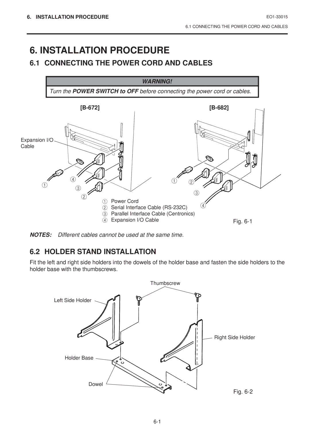 Toshiba EO1-33015 owner manual Installation Procedure, Connecting the Power Cord and Cables, Holder Stand Installation 