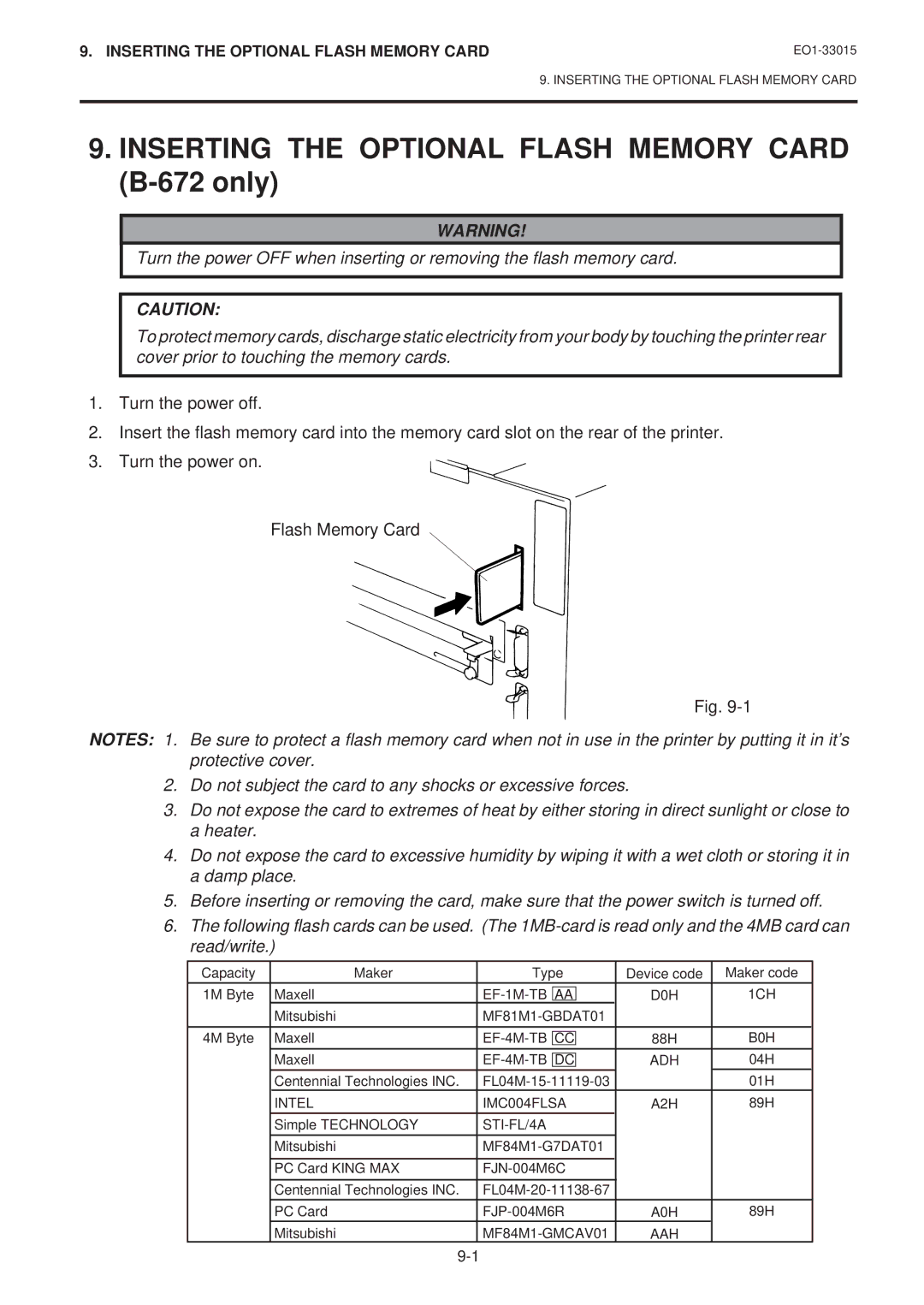 Toshiba EO1-33015 owner manual Inserting the Optional Flash Memory Card B-672 only 