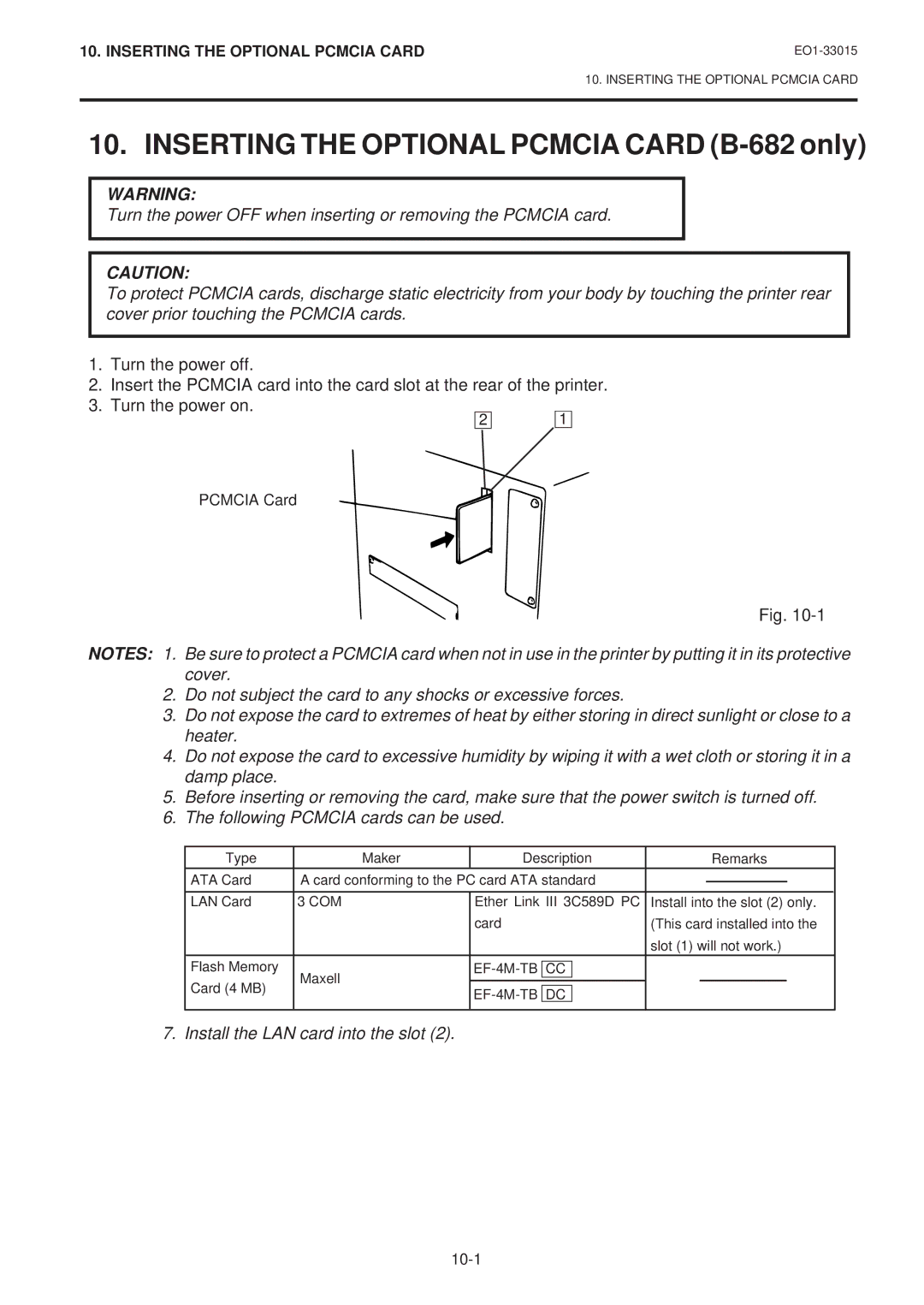 Toshiba EO1-33015 owner manual Inserting the Optional Pcmcia Card B-682 only 