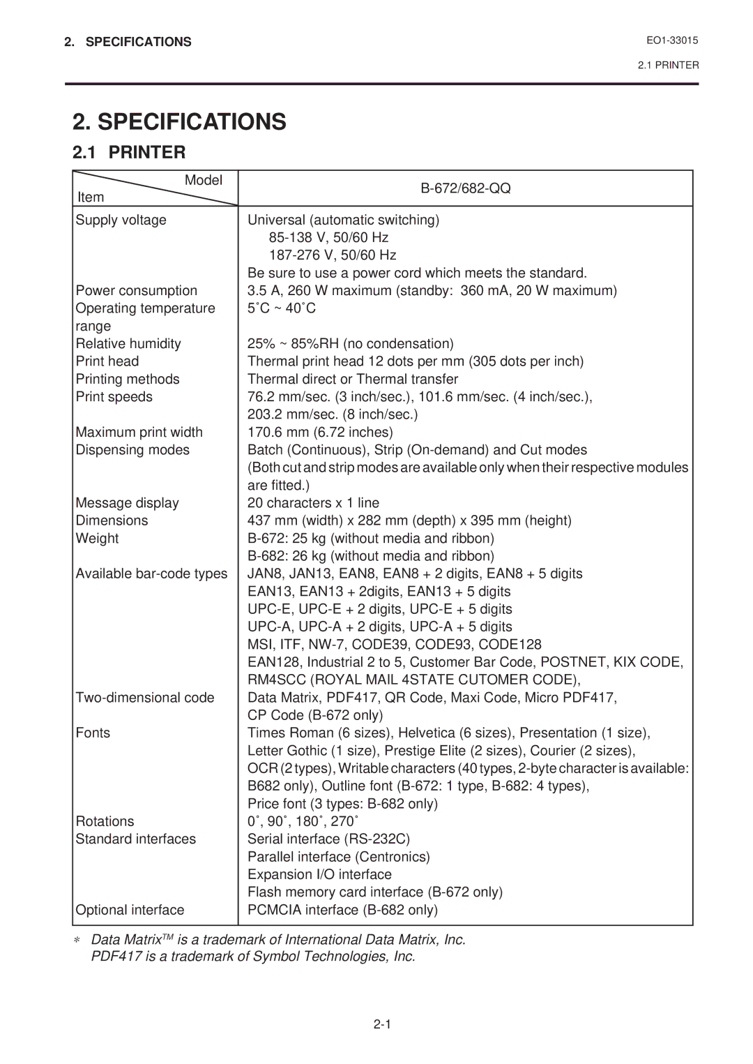 Toshiba EO1-33015 Specifications, Printer, MSI, ITF, NW-7, CODE39, CODE93, CODE128, RM4SCC Royal Mail 4STATE Cutomer Code 