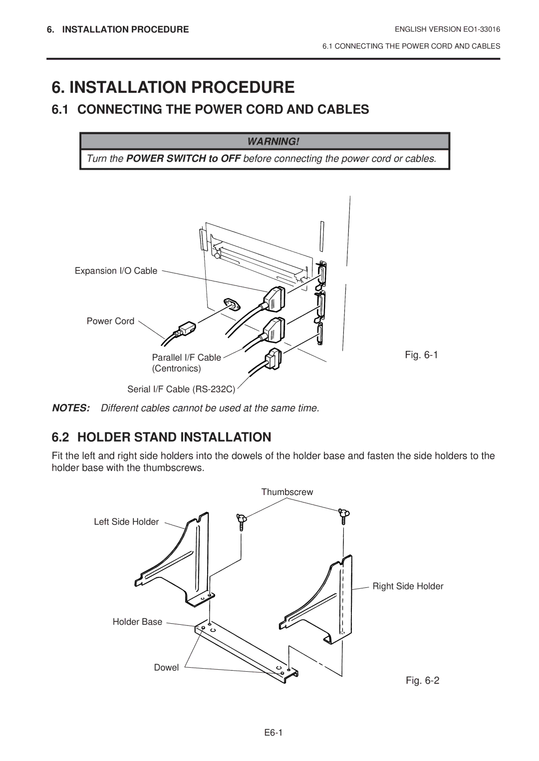 Toshiba EO1-33016E owner manual Installation Procedure, Connecting the Power Cord and Cables, Holder Stand Installation 