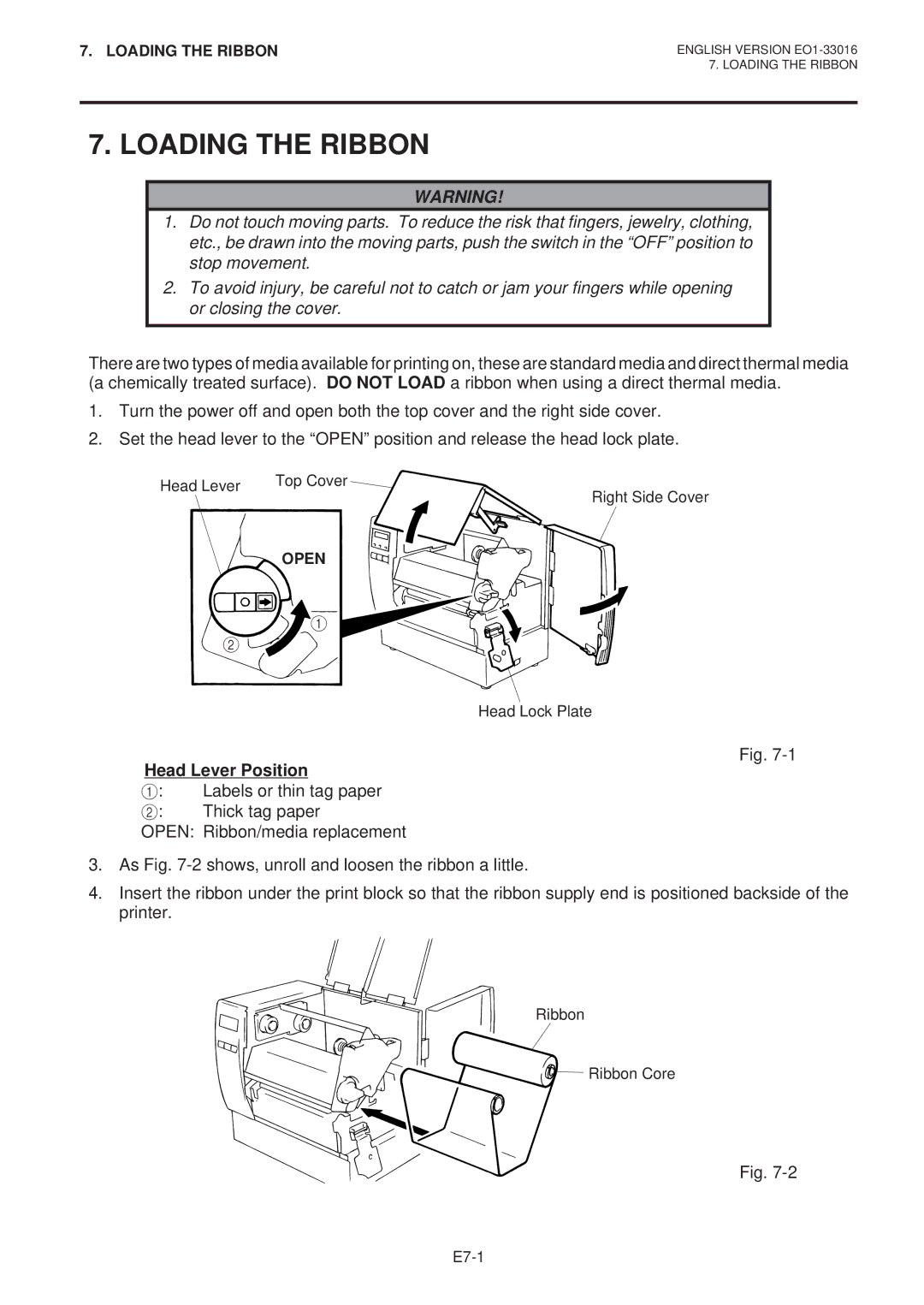 Toshiba B-670 SERIES, EO1-33016E owner manual Loading the Ribbon, Head Lever Position 