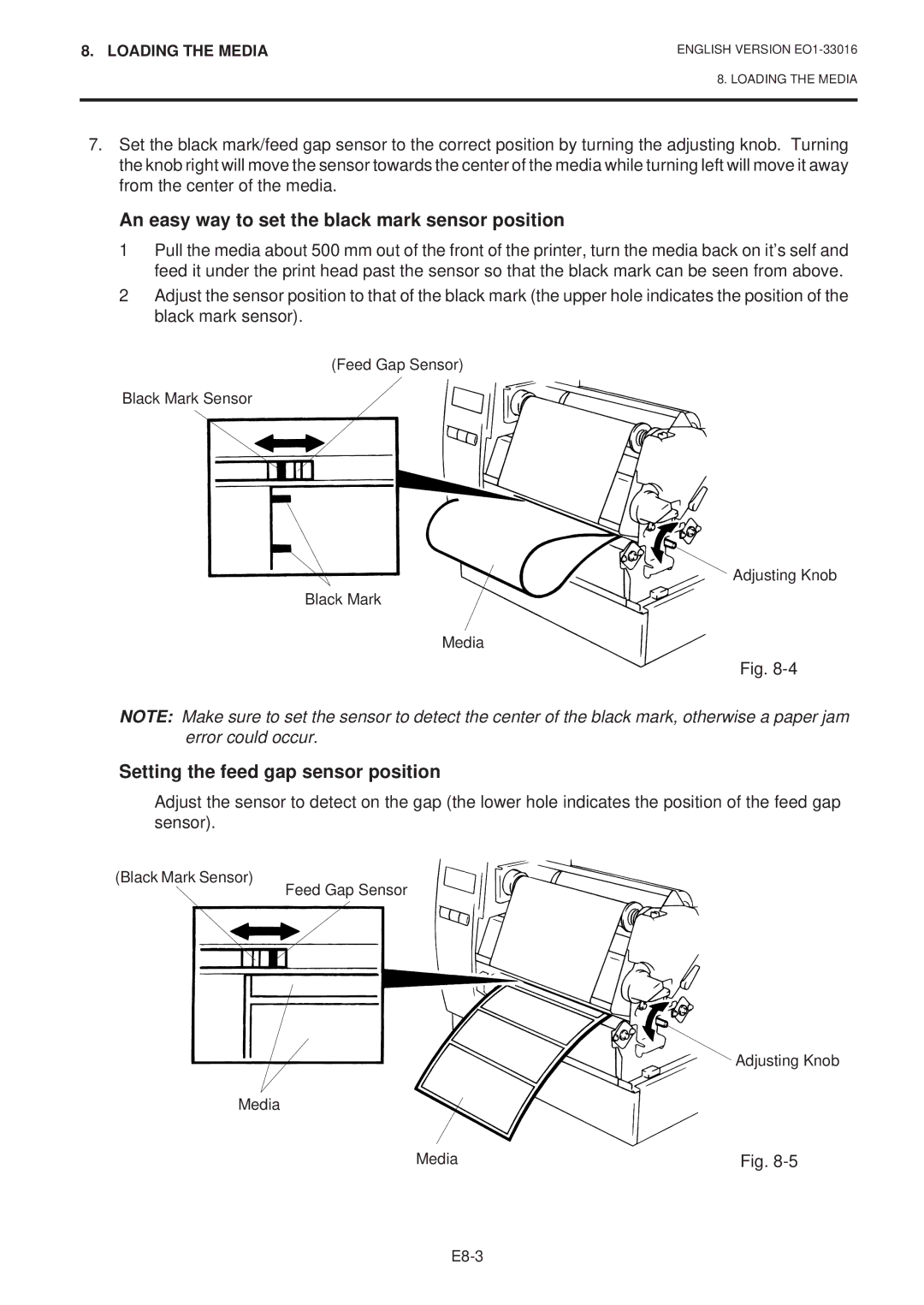 Toshiba EO1-33016E, B-670 SERIES An easy way to set the black mark sensor position, Setting the feed gap sensor position 