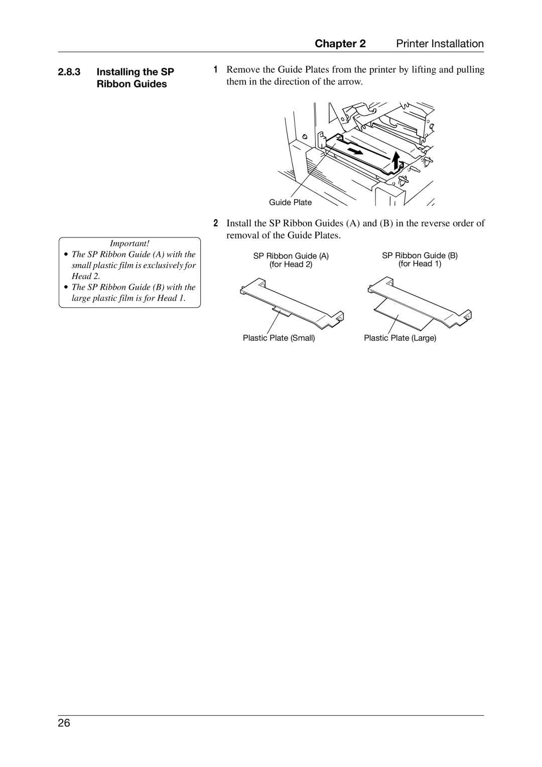 Toshiba CB-426-T3-QQ, EO1-33027E owner manual Installing the SP, Ribbon Guides, Them in the direction of the arrow 