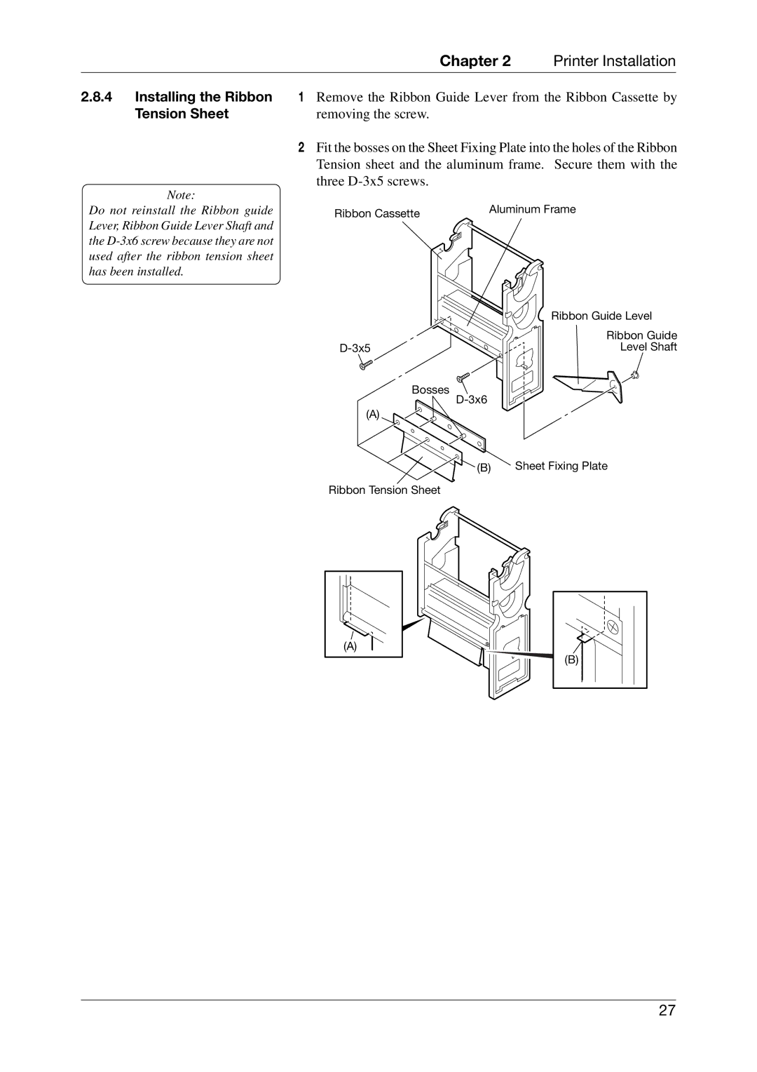 Toshiba EO1-33027E, CB-426-T3-QQ owner manual Installing the Ribbon Tension Sheet 