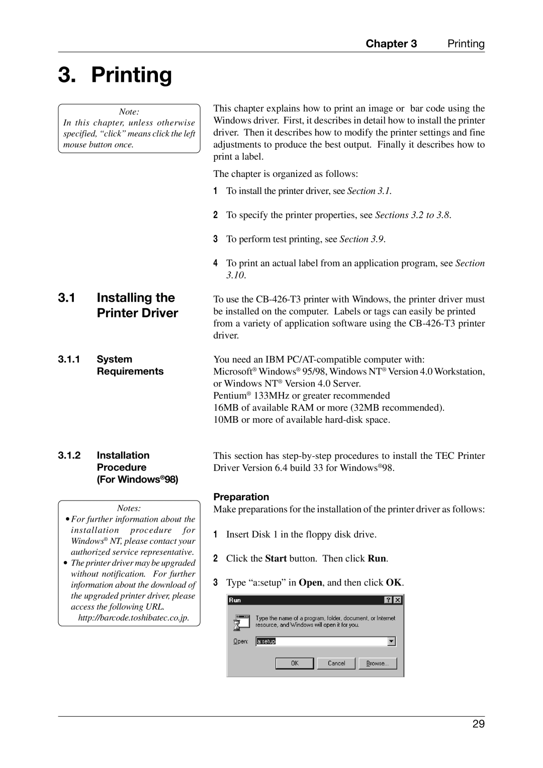 Toshiba CB-426-T3-QQ, EO1-33027E Printing, System Requirements, Installation Procedure For Windows98, Preparation 