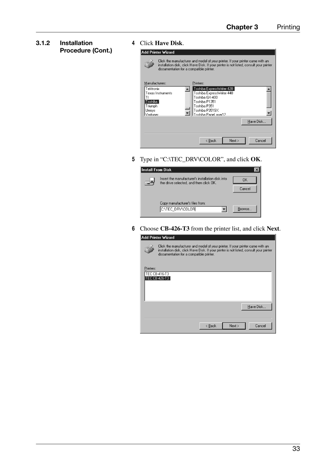 Toshiba EO1-33027E, CB-426-T3-QQ owner manual Click Have Disk 