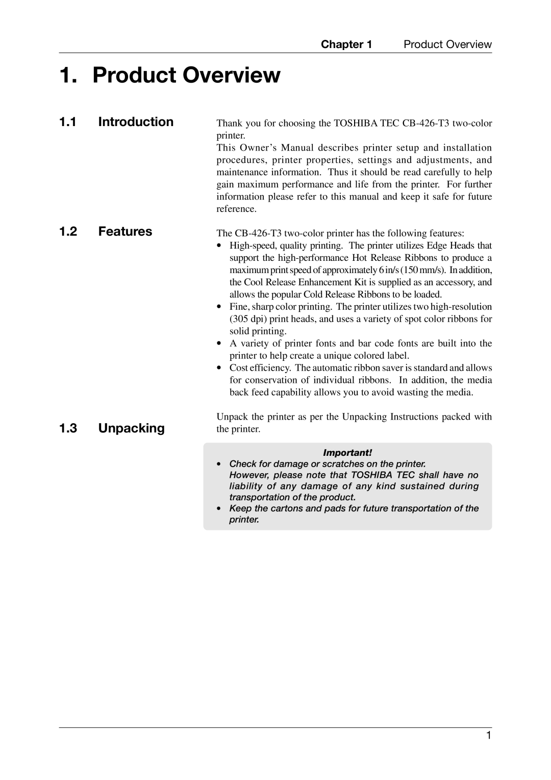 Toshiba EO1-33027E, CB-426-T3-QQ owner manual Product Overview, Introduction Features Unpacking 