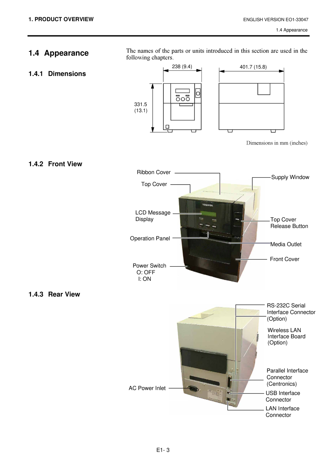 Toshiba B-SA4TM SERIES, EO1-33047 owner manual Appearance, Dimensions, Front View Rear View#, IROORZLQJ#FKDSWHUV1# 