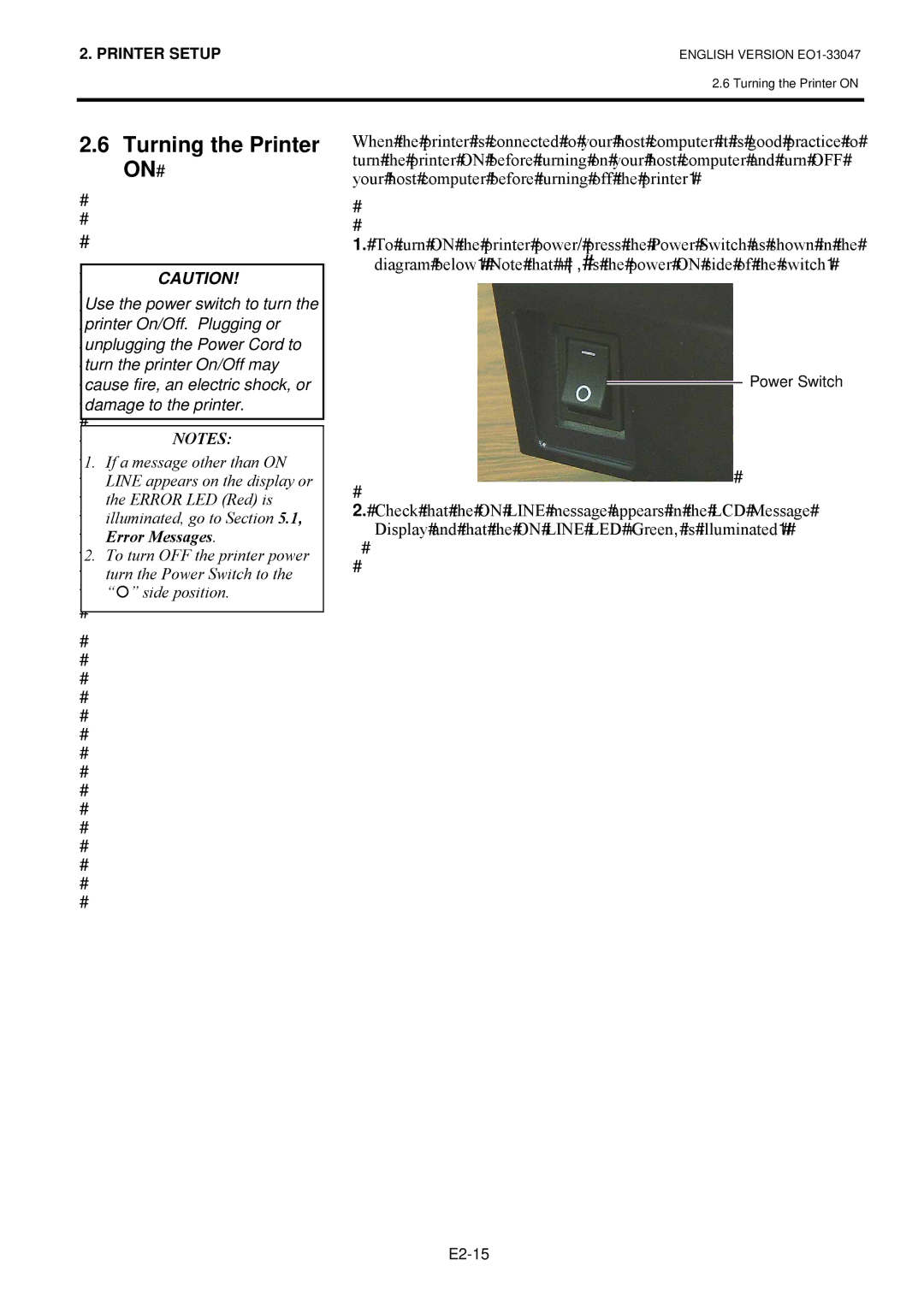 Toshiba EO1-33047 owner manual Turning the Printer ON#, # 1276=#, WKH#5525#/#+5HG,#LV#, UURU#0HVVDJHV1#, ³´#VLGH#SRVLWLRQ1# 