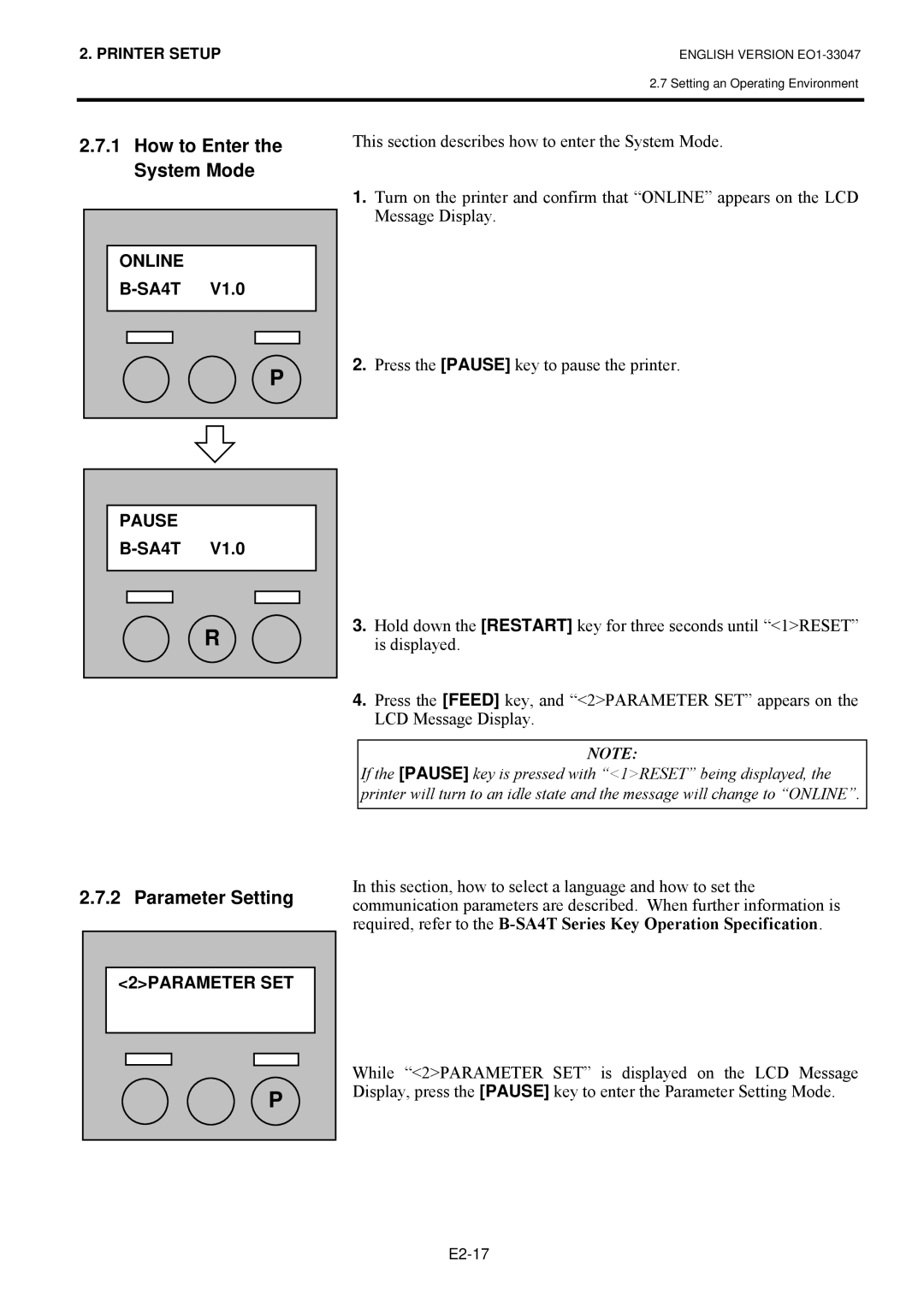 Toshiba EO1-33047, B-SA4TM SERIES How to Enter the System Mode, Parameter Setting, # Online, Pause SA4T, # 2PARAMETER SET 