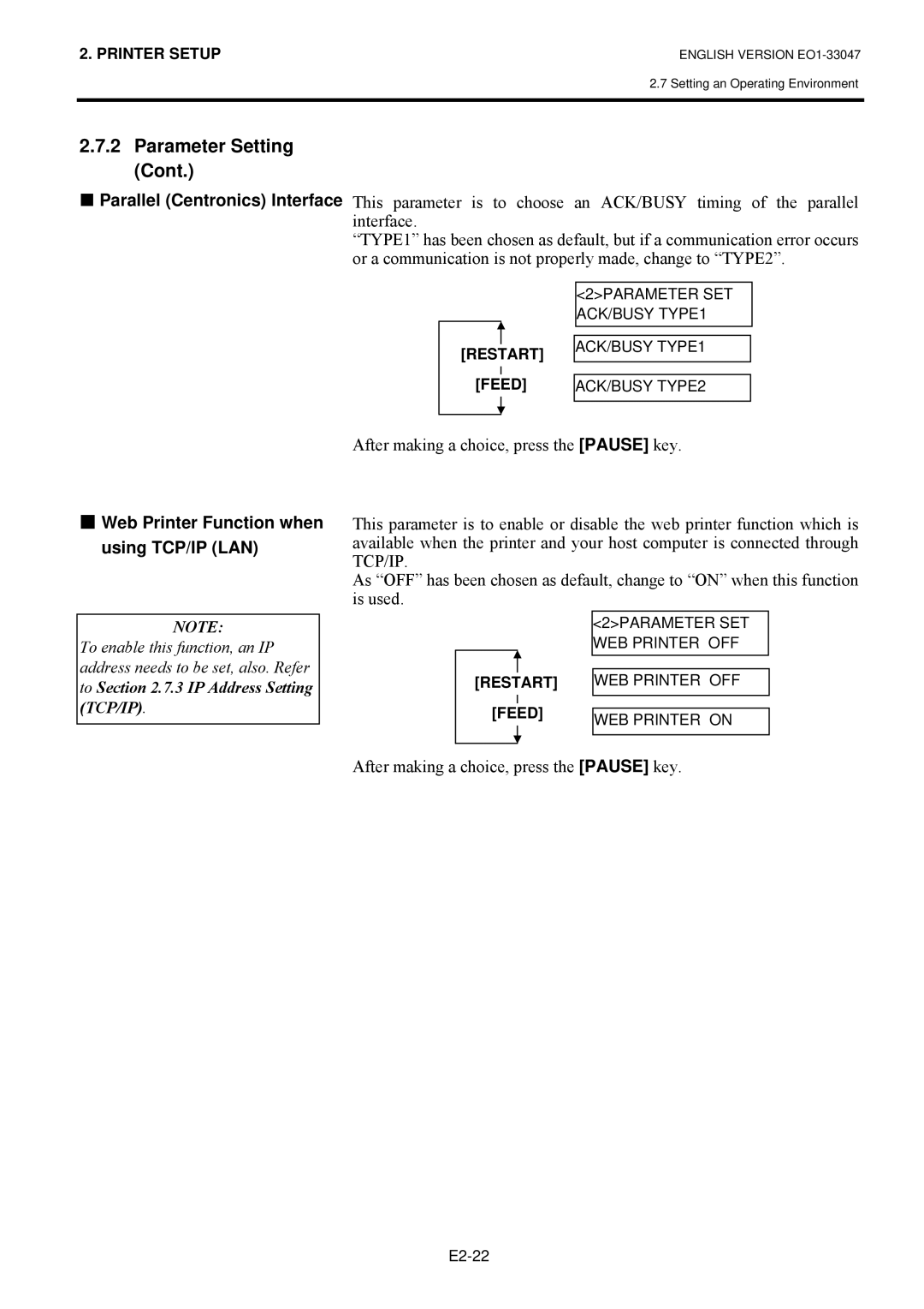 Toshiba B-SA4TM SERIES, EO1-33047 owner manual Parameter Setting Cont, $IWHU#PDNLQJ#D#FKRLFH/#SUHVV#WKH# PAUSE#NH\1#, 127=# 