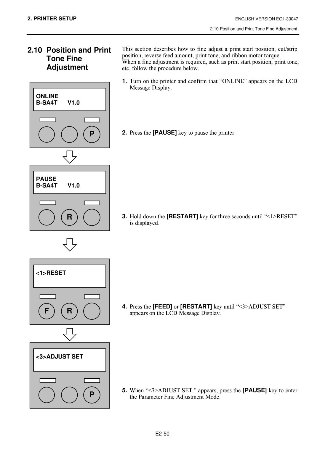 Toshiba B-SA4TM SERIES Position and Print Tone Fine Adjustment, Online SA4T, # Pause, # B-SA4T, 1RESET 3ADJUST SET 