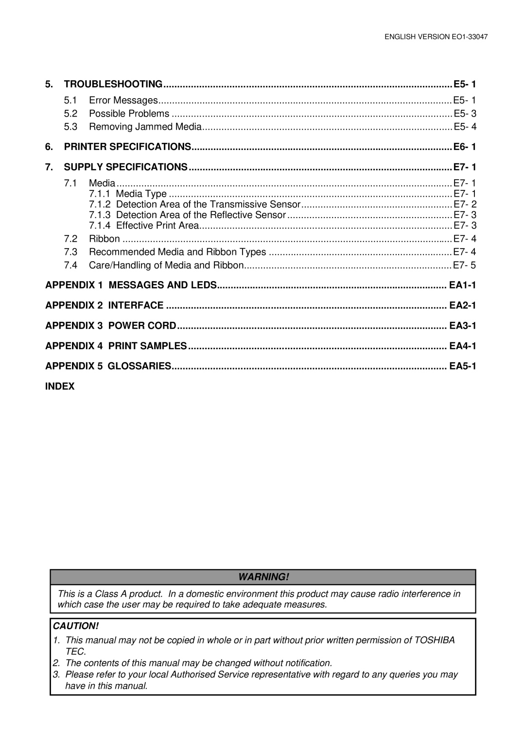 Toshiba EO1-33047 Troubleshooting, Printer Specifications Supply Specifications, Appendix 1 Messages and Leds, Index 