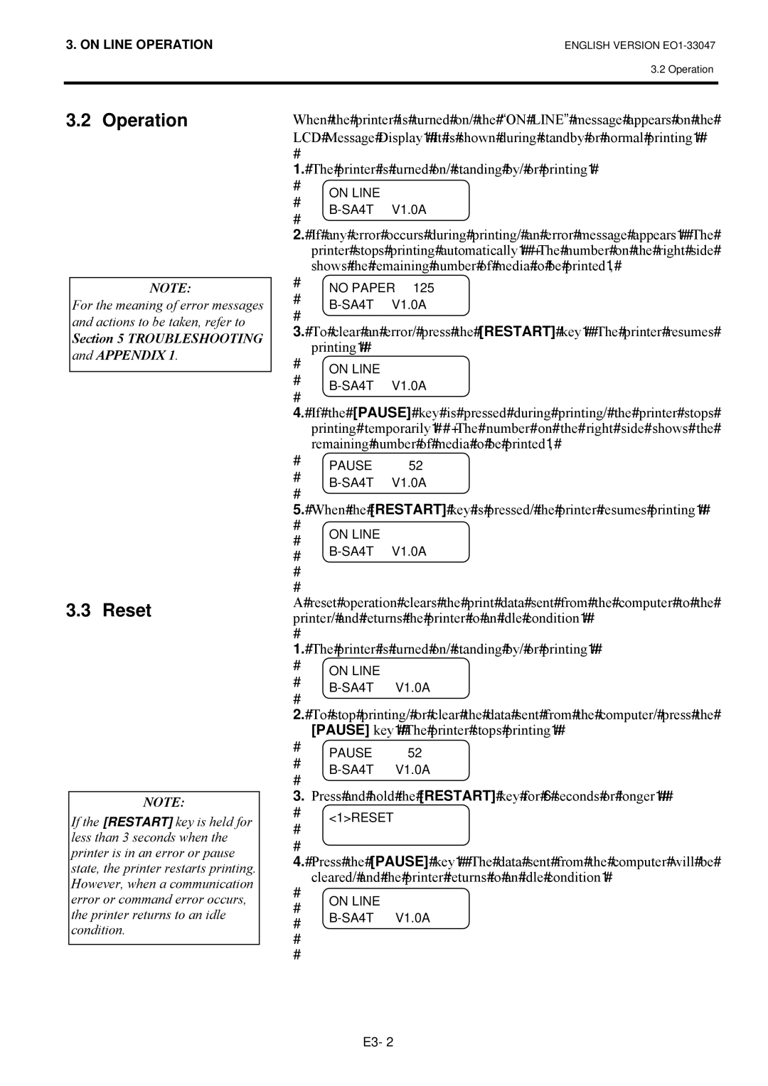 Toshiba EO1-33047, B-SA4TM SERIES owner manual Operation, Reset, UHPDLQLQJ#QXPEHU#RI#PHGLD#WR#EH#SULQWHG1,# 