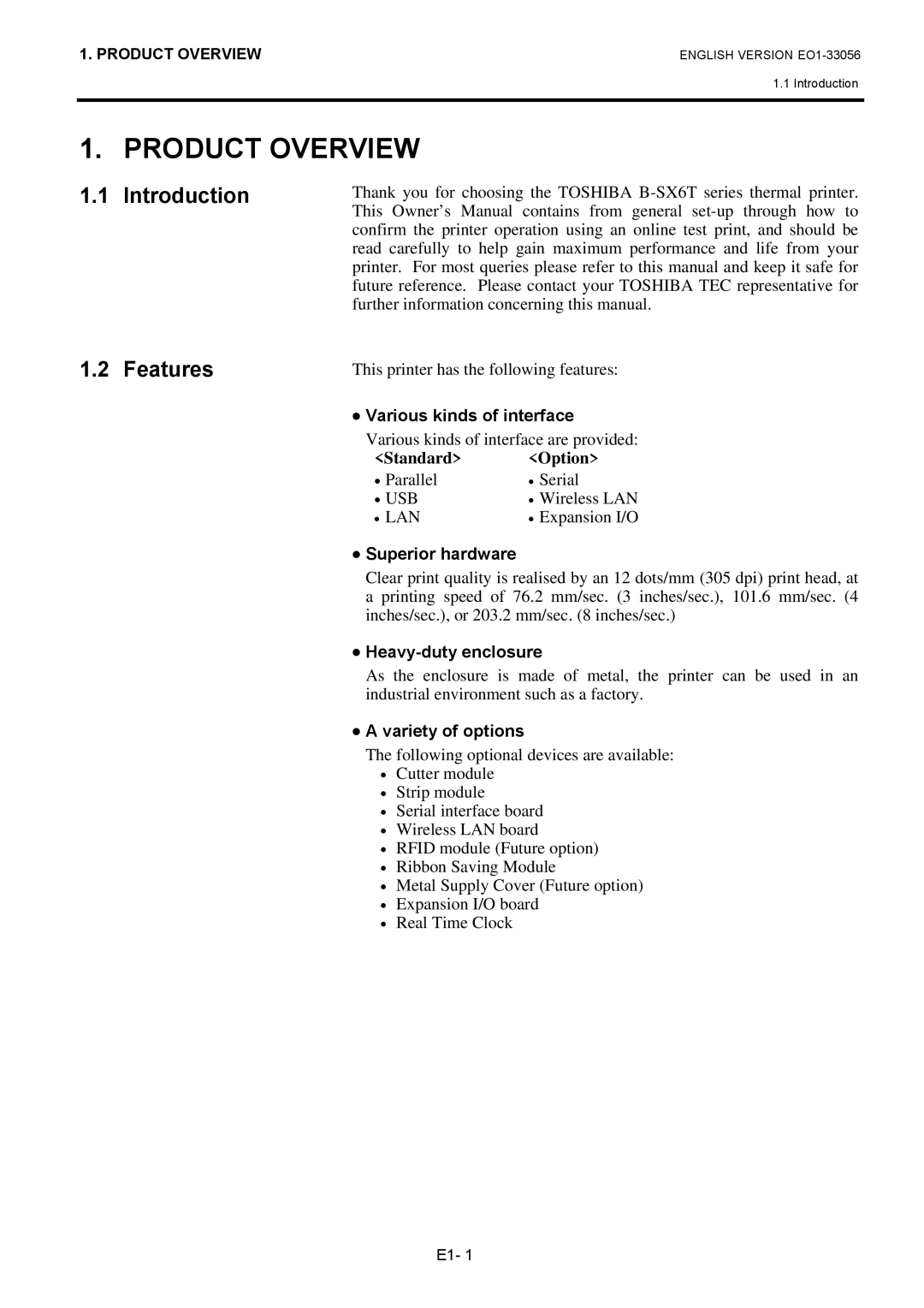 Toshiba EO1-33056D, B-SX6T Series owner manual Product Overview, Introduction Features 