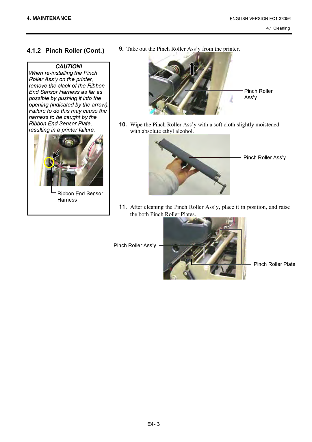 Toshiba B-SX6T Series, EO1-33056D owner manual Take out the Pinch Roller Ass’y from the printer 