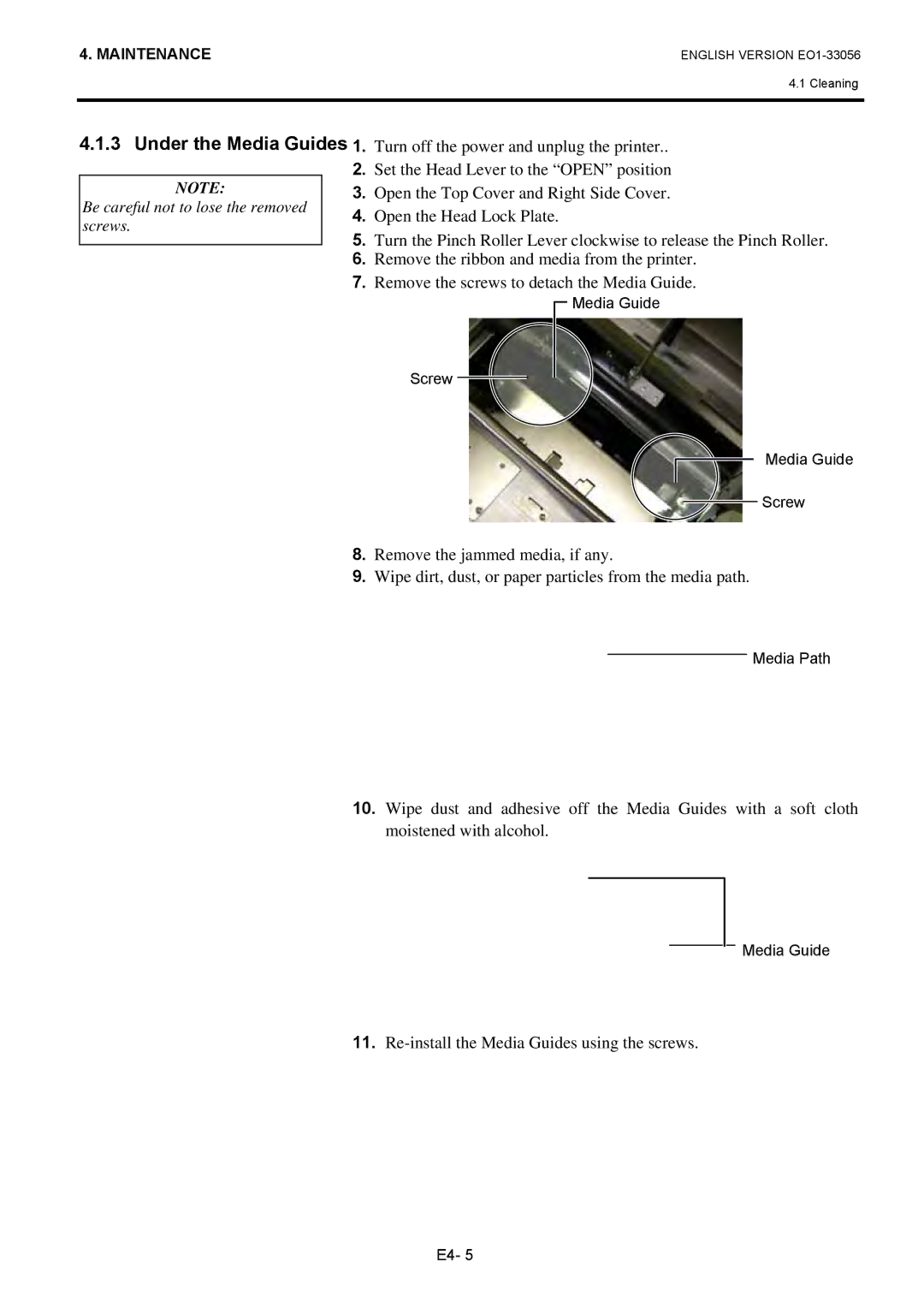 Toshiba B-SX6T Series, EO1-33056D owner manual Re-install the Media Guides using the screws 