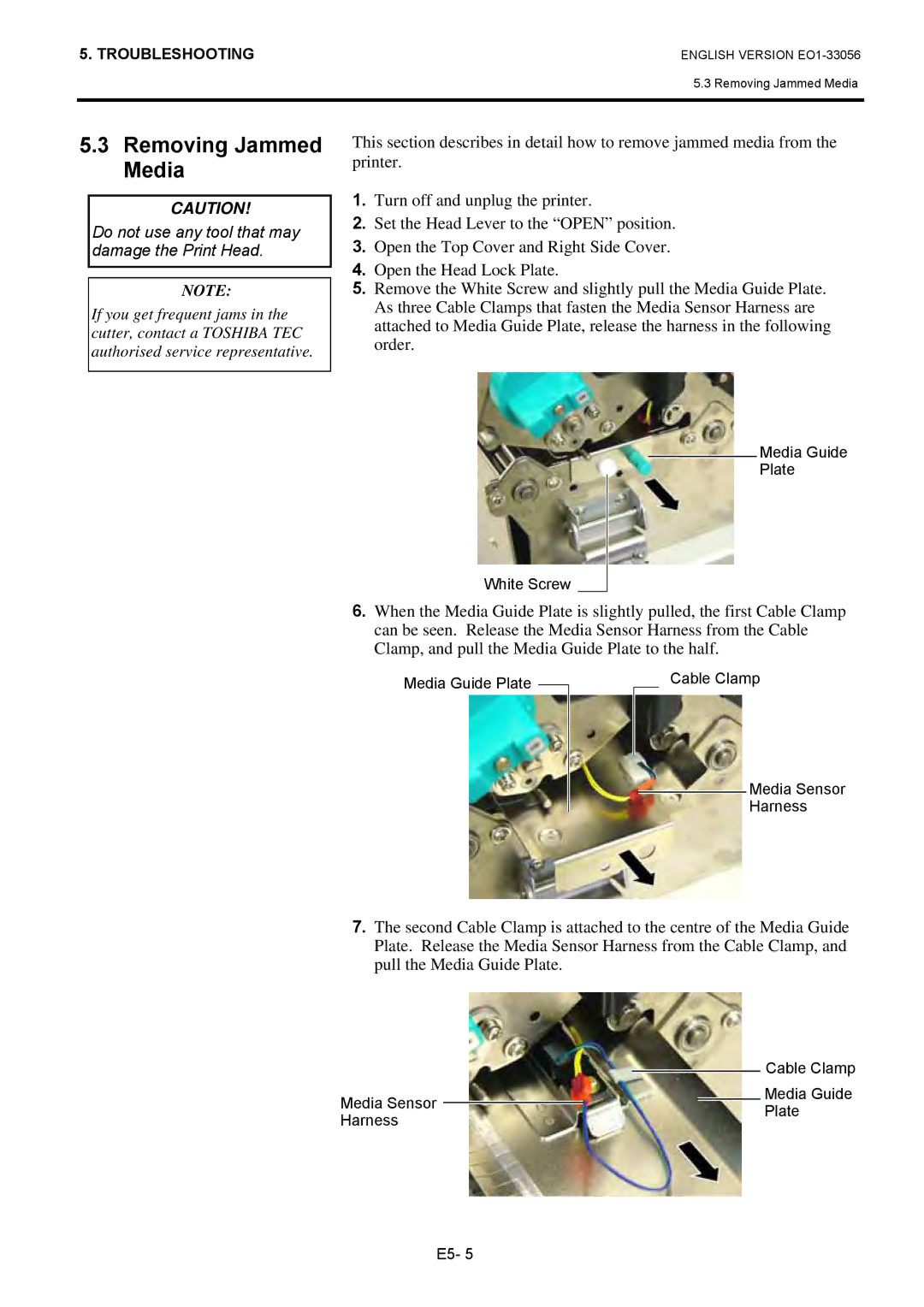 Toshiba EO1-33056D, B-SX6T Series owner manual Removing Jammed Media, Do not use any tool that may damage the Print Head 